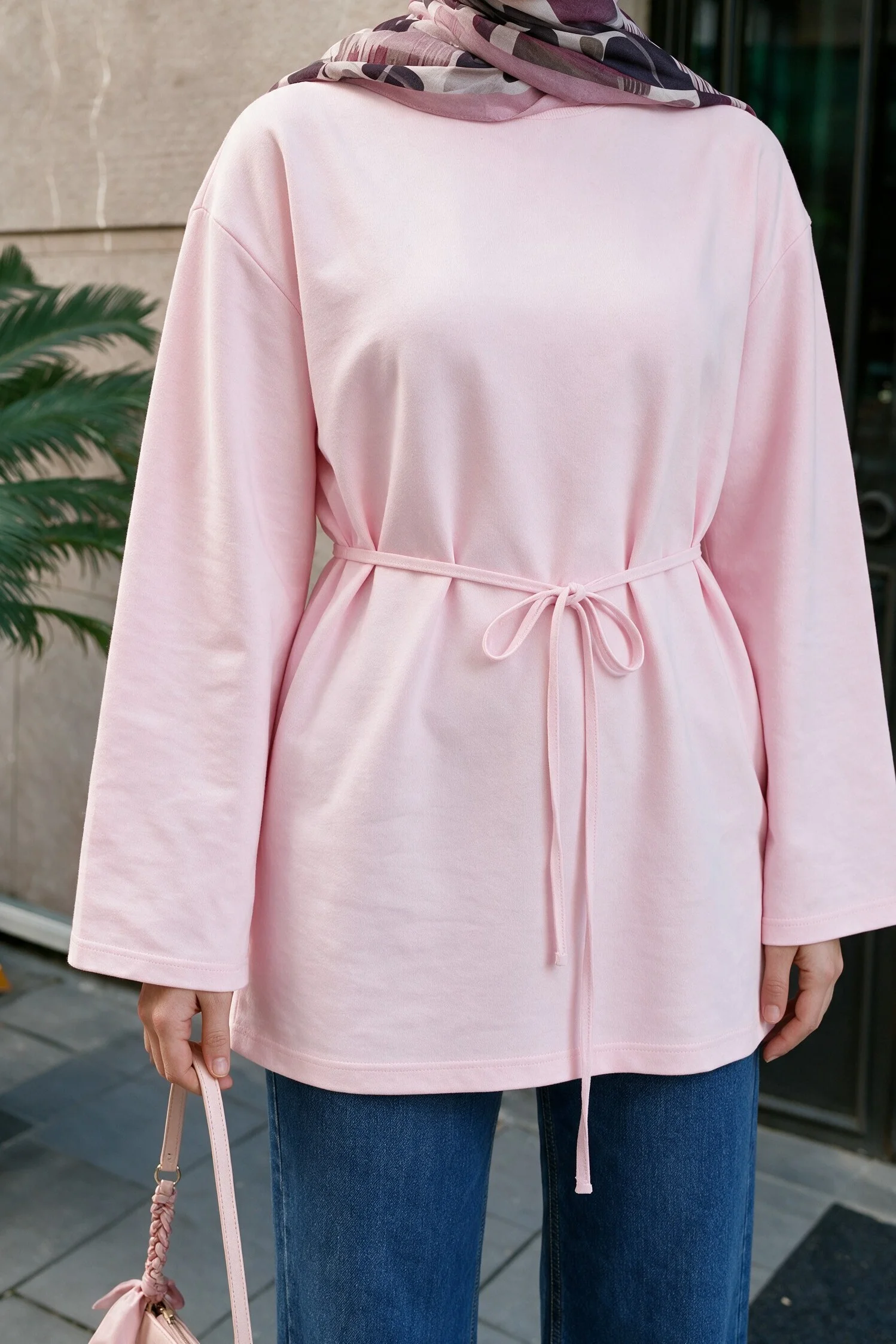 Round Neck Tie-Waist Jersey Tunic - Powder Pink - Podyumplus - by Peralane - photo 3