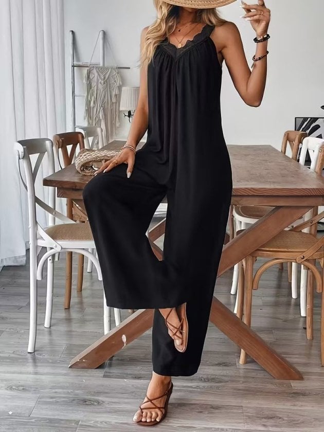 Women's Black V-Neck Lace Trim Wide-Leg Viscose Jumpsuit - Janes - by Peralane - photo 2