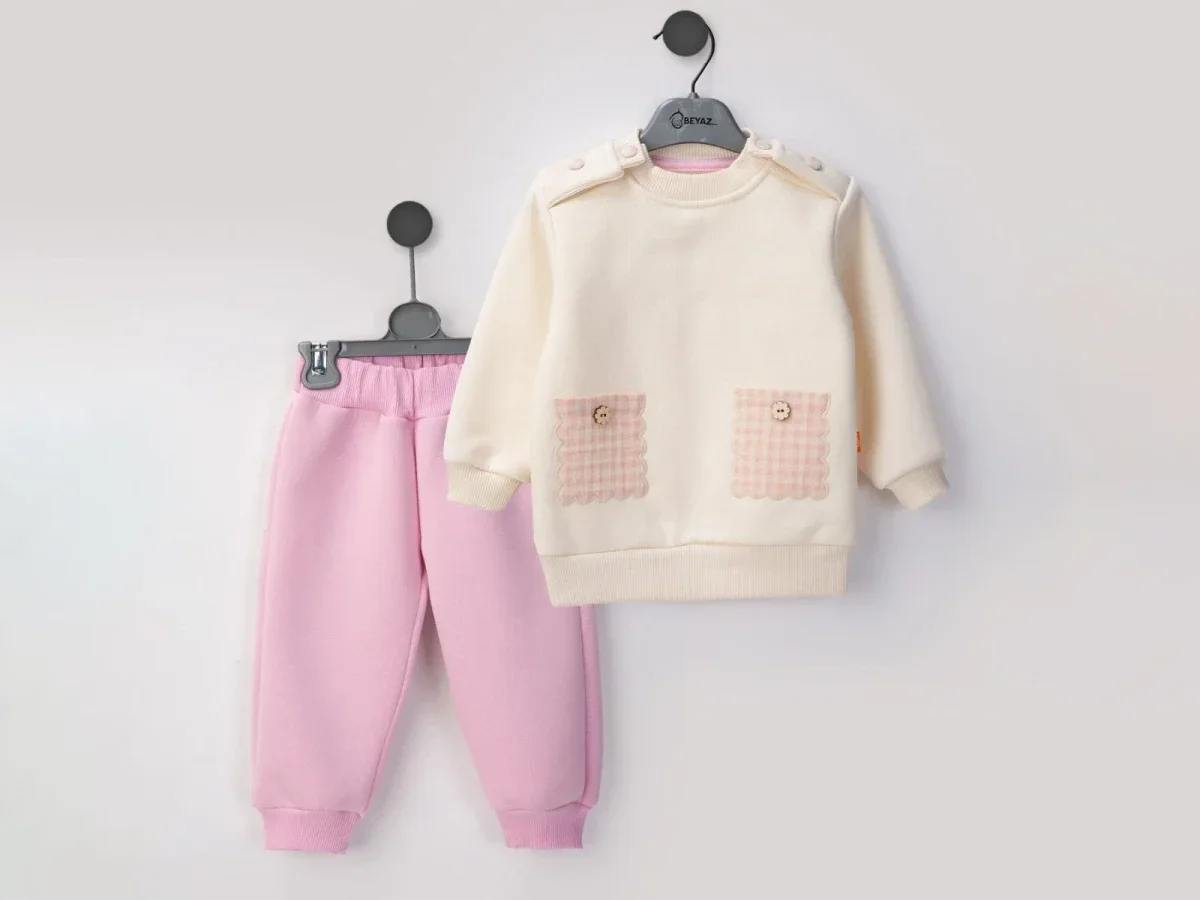 Pocket Detail Fleece 3-Piece Girl Baby Set - Pink - Beyaz Bebek - by Peralane