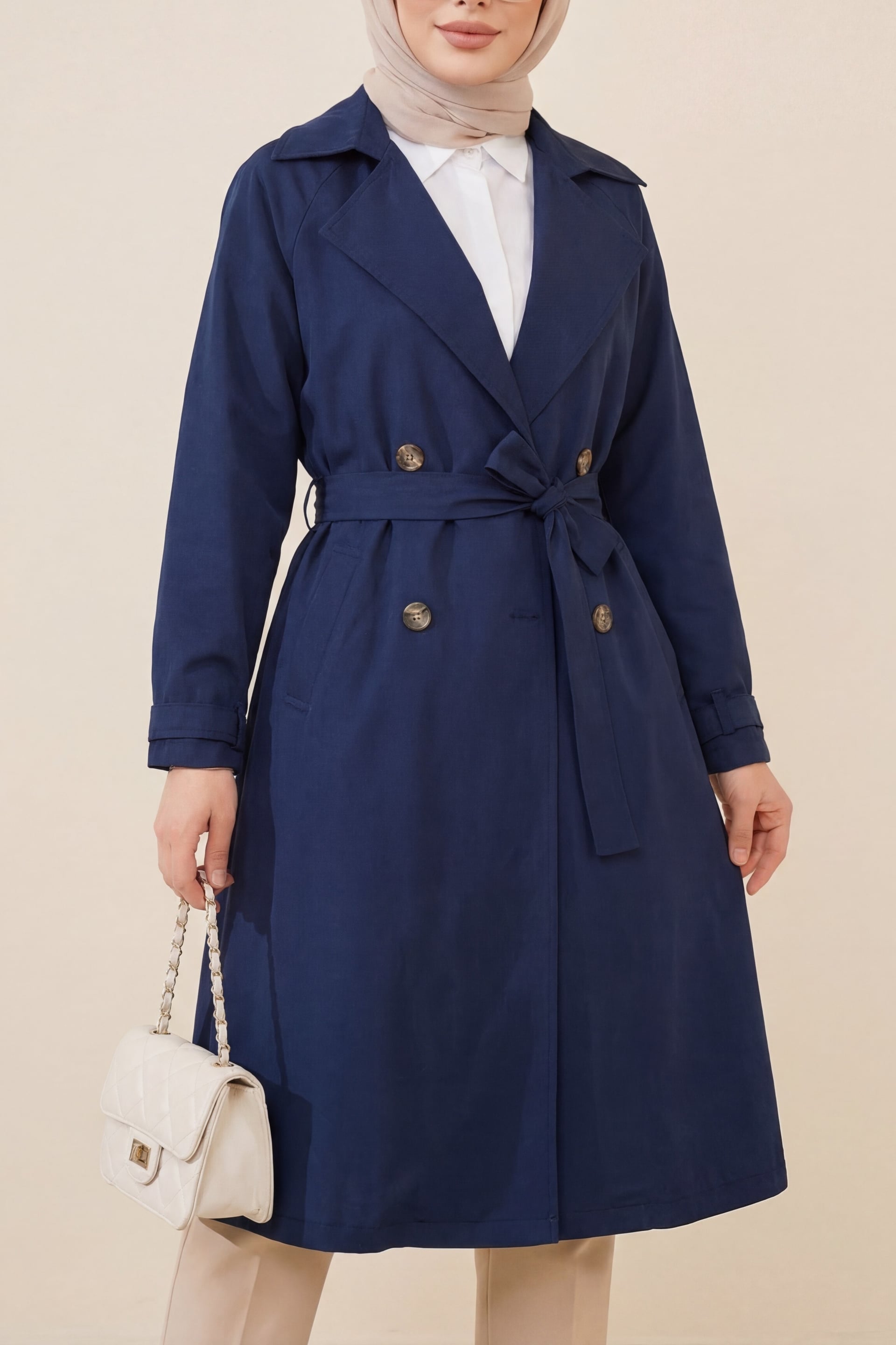 Navy Blue Double-Breasted Trench Coat with Belt - Podyumplus - by Peralane - photo 2
