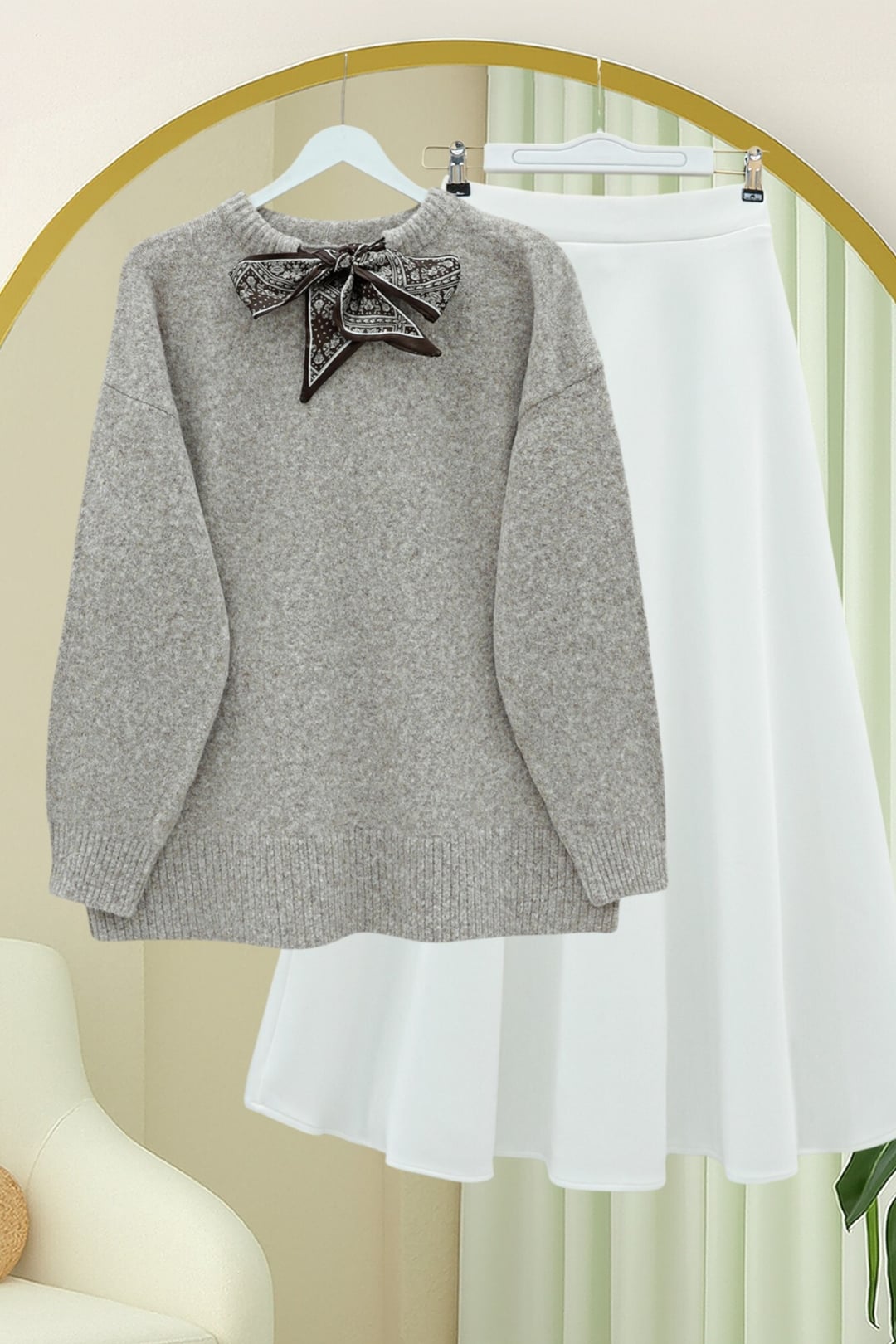 Women's Scarf Collar Knit Sweater with A-Line Skirt Set - Earth - Podyumplus - by Peralane