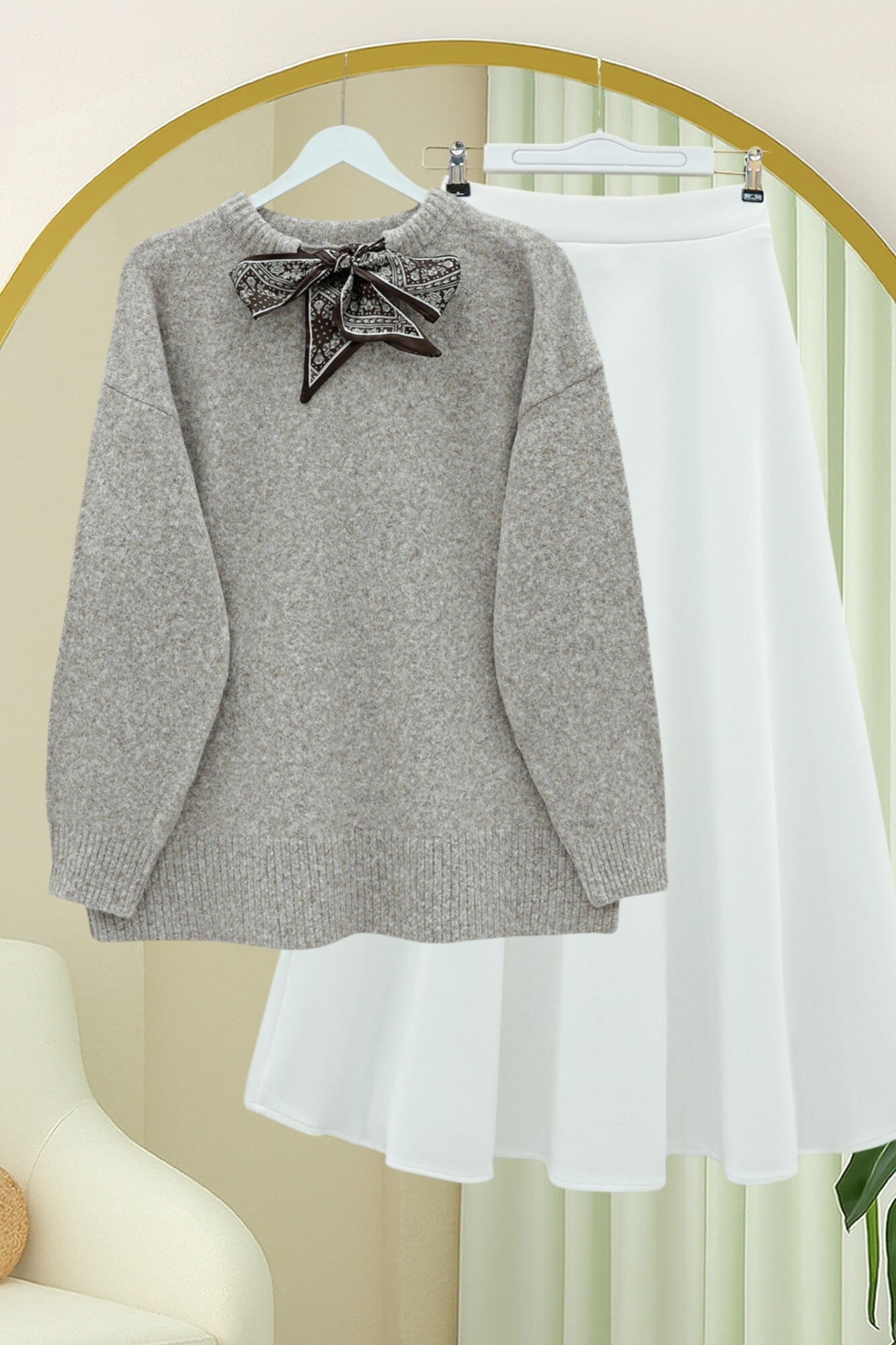 Women's Scarf Collar Knit Sweater with A-Line Skirt Set - Earth - Podyumplus - by Peralane