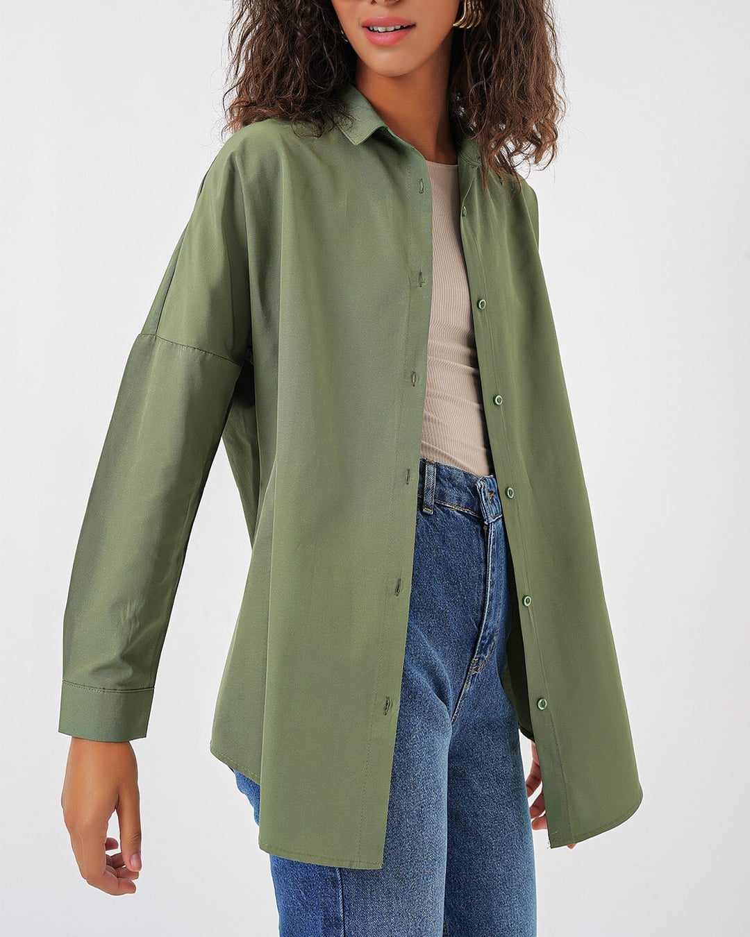 Oversize Long Basic Shirt - Olive Green - Bigdart - by Peralane - photo 2