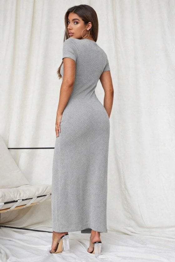 Women's Short Sleeve V-Neck Front Button Ribbed Knit Maxi Dress - Janes - by Peralane - photo 4