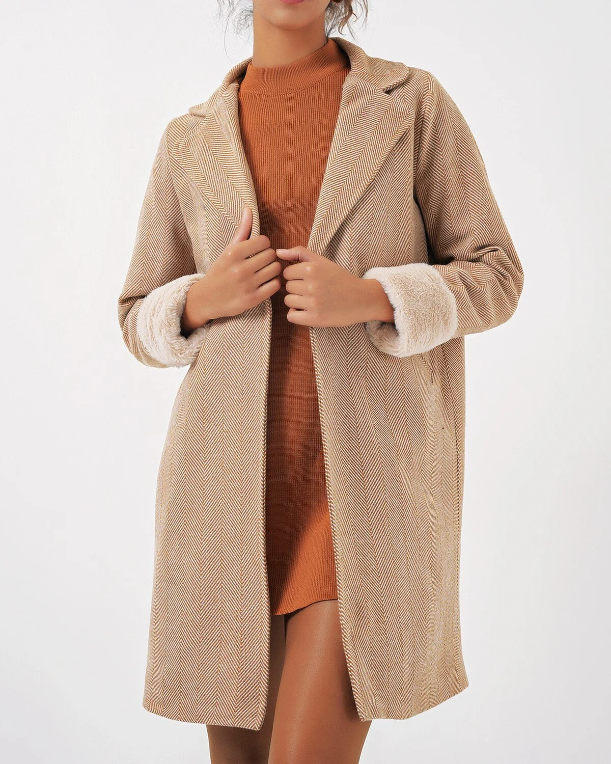 Women's Herringbone Faux Fur Trim Coat - Camel - Bigdart - by Peralane - photo 5
