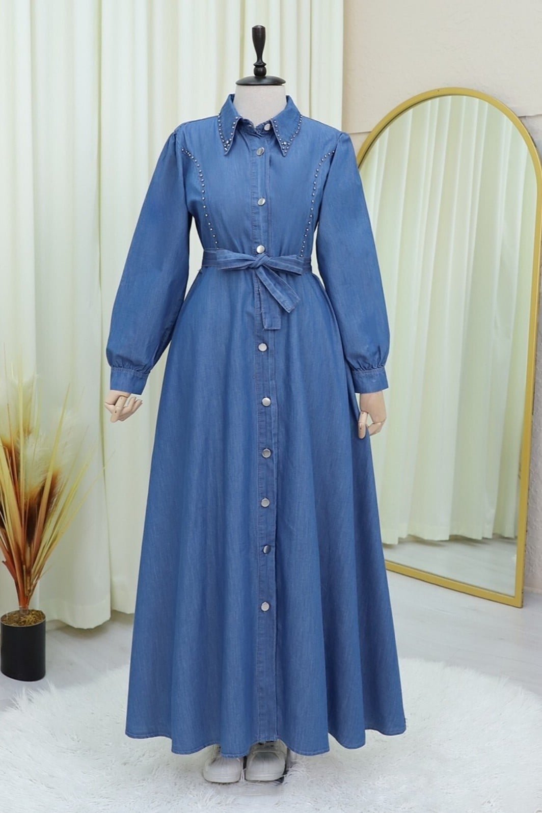Beaded Denim Dress with Belt and Button Front - Blue - Podyumplus - by Peralane - photo 5