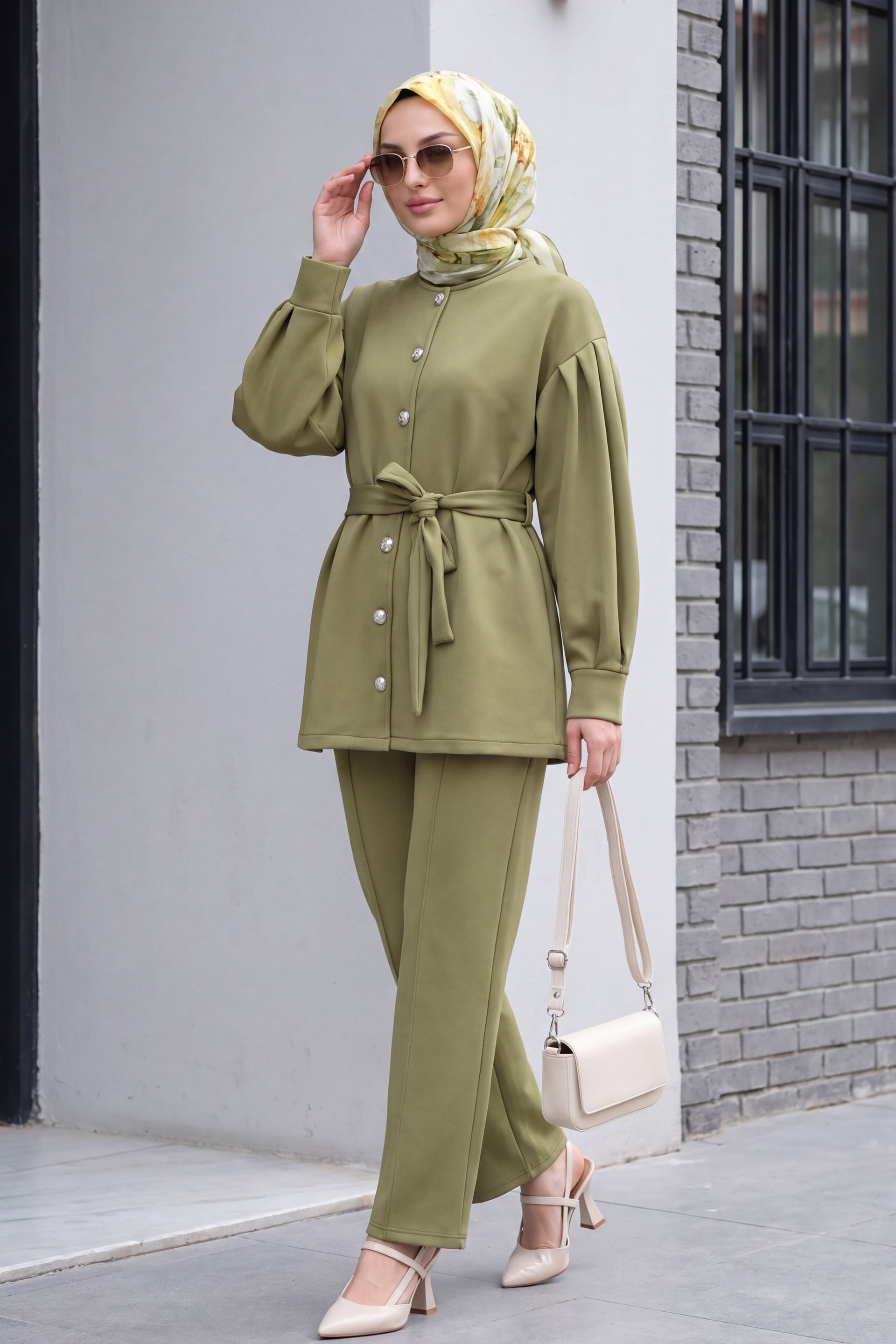 Belted Scuba Two-Piece Set with Top and Straight-Leg Pants - Olive Green - Podyumplus - by Peralane - photo 3