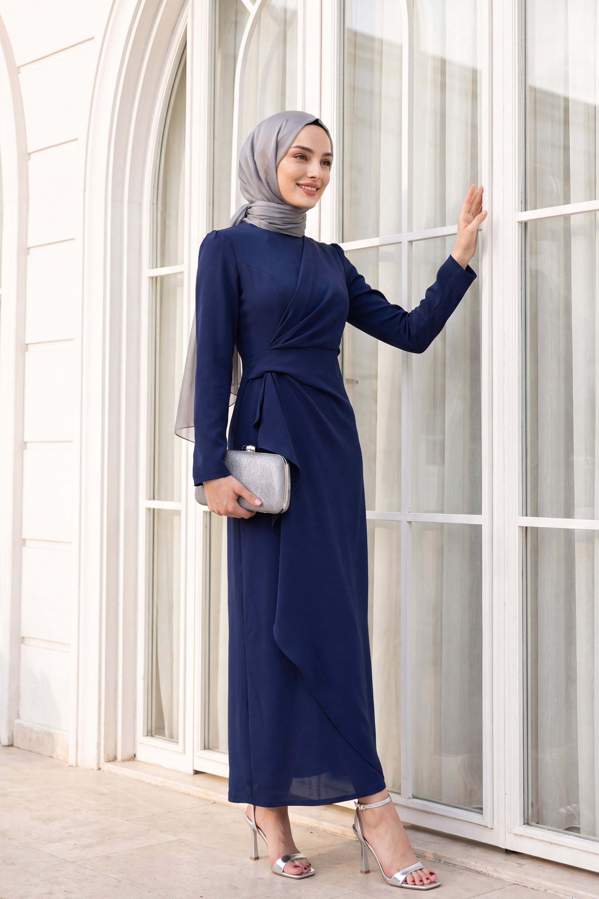 Navy Blue Asymmetric Hem Dress with Draped Bodice - Podyumplus - by Peralane - photo 3