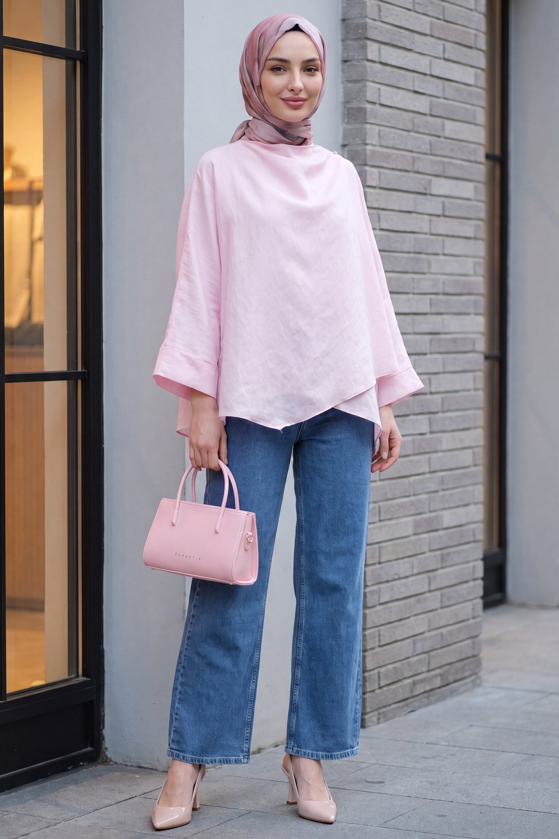 Oversized Modal Kimono Poncho with Buttoned Shoulders - Powder Pink - Podyumplus - by Peralane - photo 4