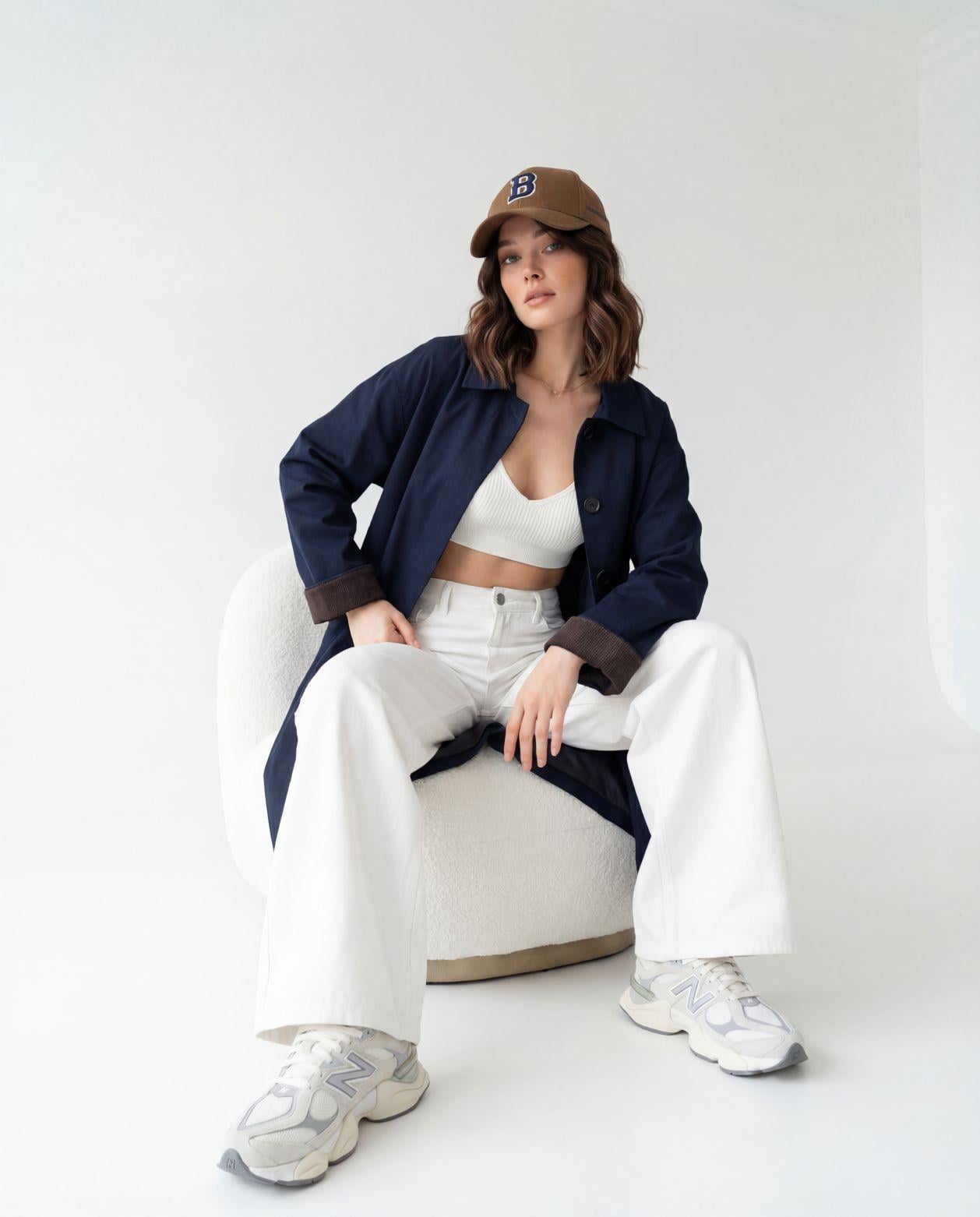 Navy Blue Long Trench Coat with Contrast Cuffs - Fame - by Peralane - photo 3