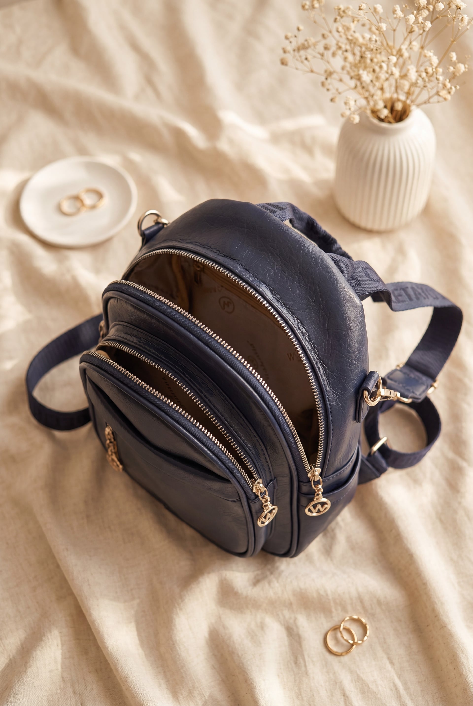 Navy Blue Faux Leather Multi-Compartment Women's Backpack with Woven Strap - Podyumplus - by Peralane - photo 2