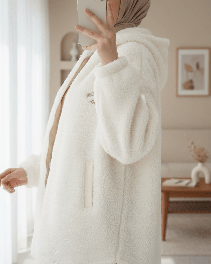 Hooded Zip-Up Lined Plush Coat - Ecru - Podyumplus - by Peralane - photo 2
