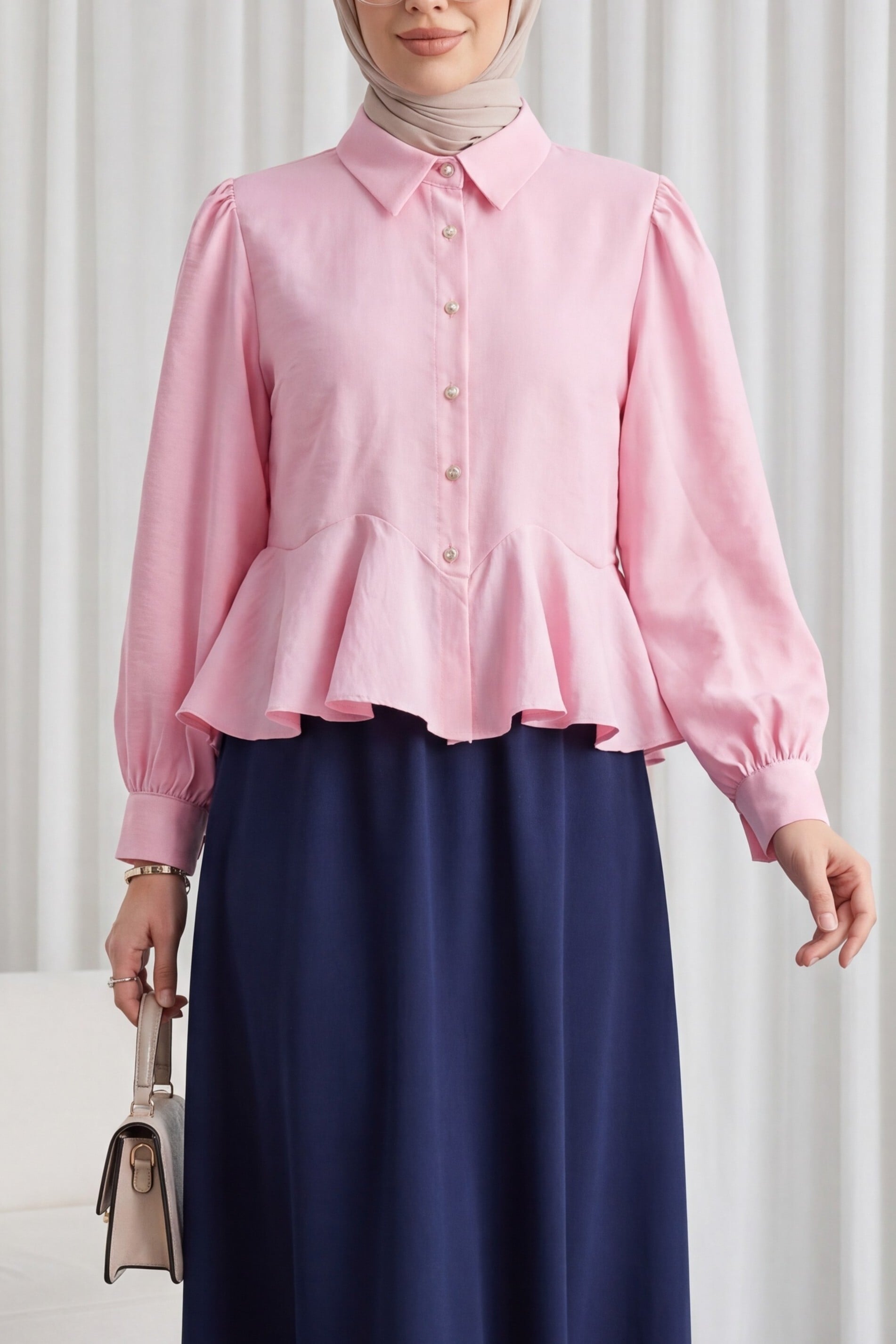 Pink Collared Peplum Blouse with Pearl-Like Buttons and Puffed Sleeves - Modal - Podyumplus - by Peralane