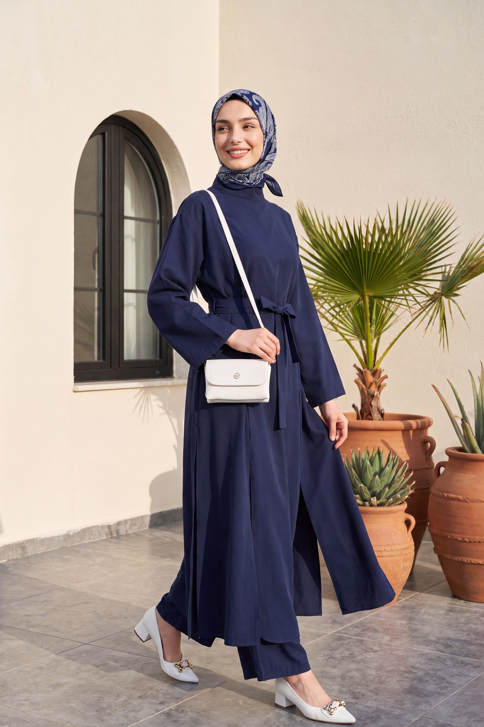 Navy Blue Modal Long Tunic and Wide-Leg Trouser Set with Pockets - Podyumplus - by Peralane - photo 2