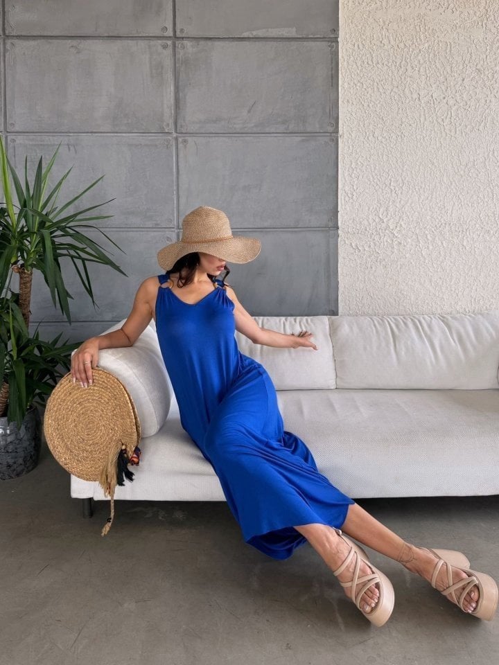 Women's Sleeveless V-Neck Asymmetric Cut Dress in Vibrant Blue - Janes - by Peralane - photo 2