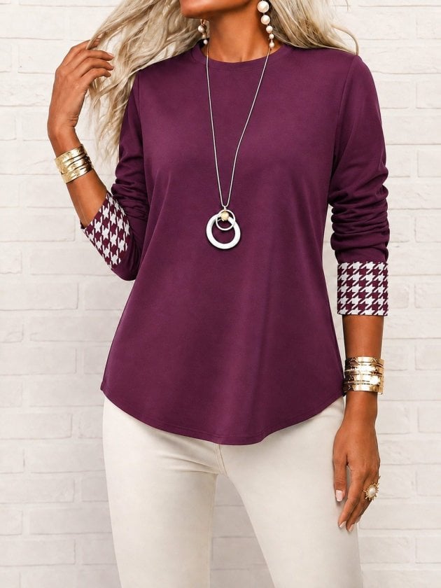 Women's Long Sleeve Crew Neck Sweatshirt with Houndstooth Cuffs - Janes - by Peralane - photo 2