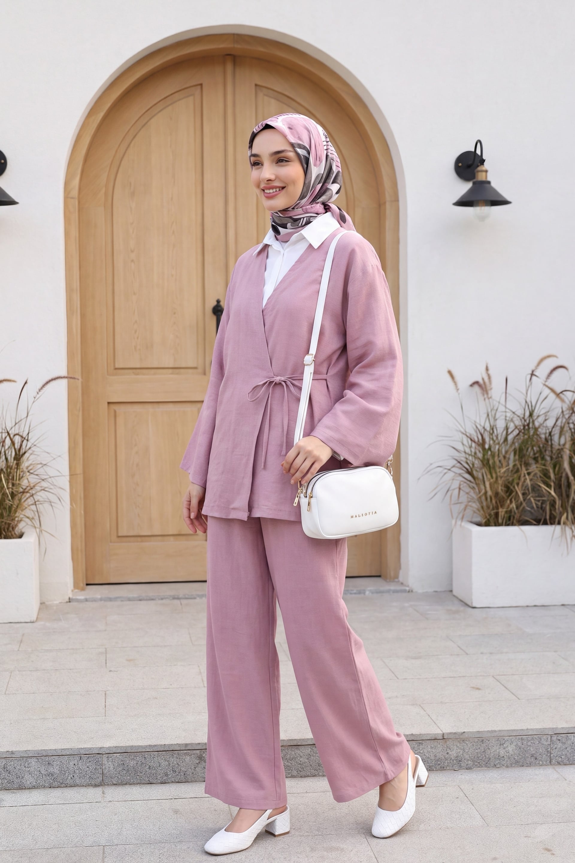 Front-Tie Kimono Set with Wide-Leg Trousers - Dusty Rose - Podyumplus - by Peralane - photo 2