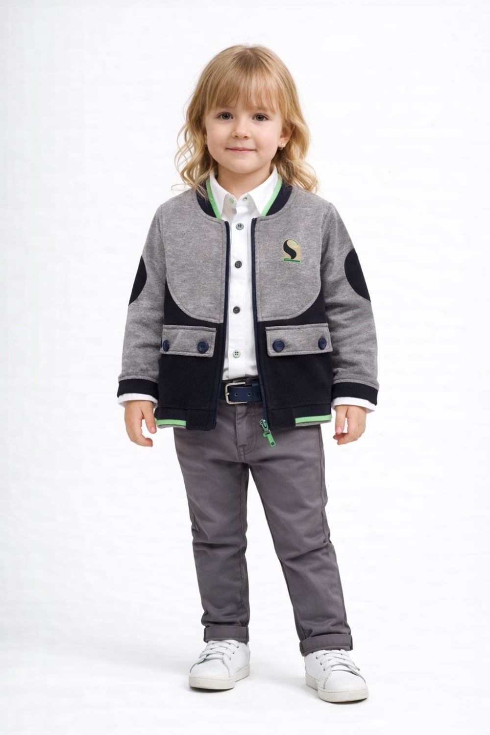 Boys' Grey and Navy Bomber Jacket with Green Ribbed Trim - Has Bereket - by Peralane