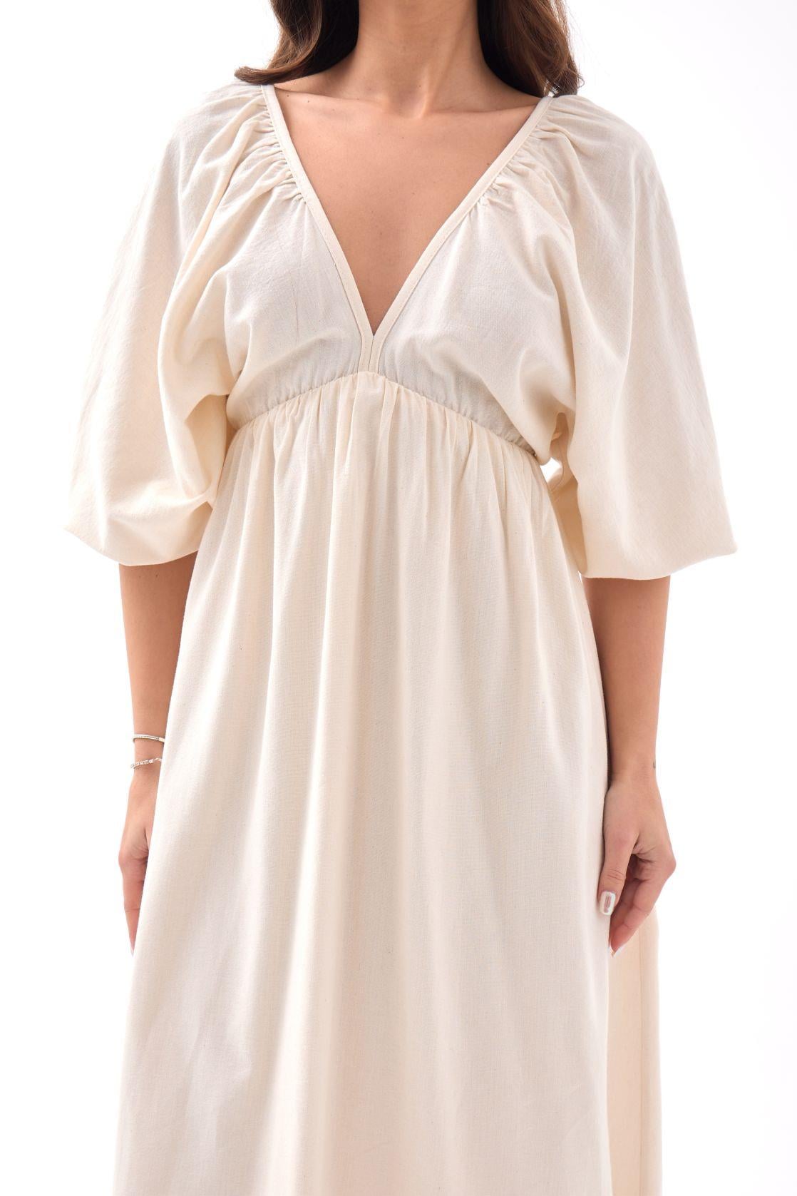Cream V-Neck Puff Sleeve Midi Dress in Cotton Viscose - Fame - by Peralane - photo 3