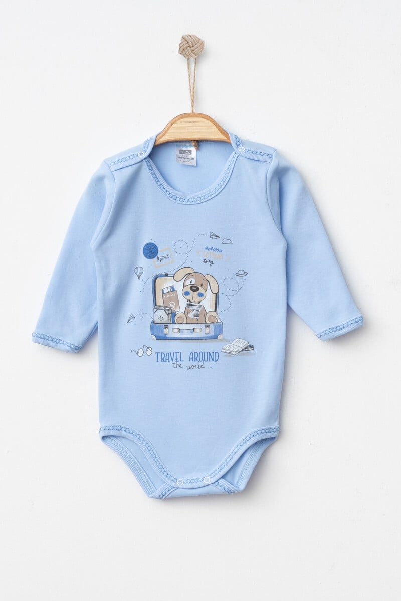 Unisex Baby Bodysuit with Snap Closures 9-18M Light Blue Travel Print Pack of 3 - Hoppidik - by Peralane