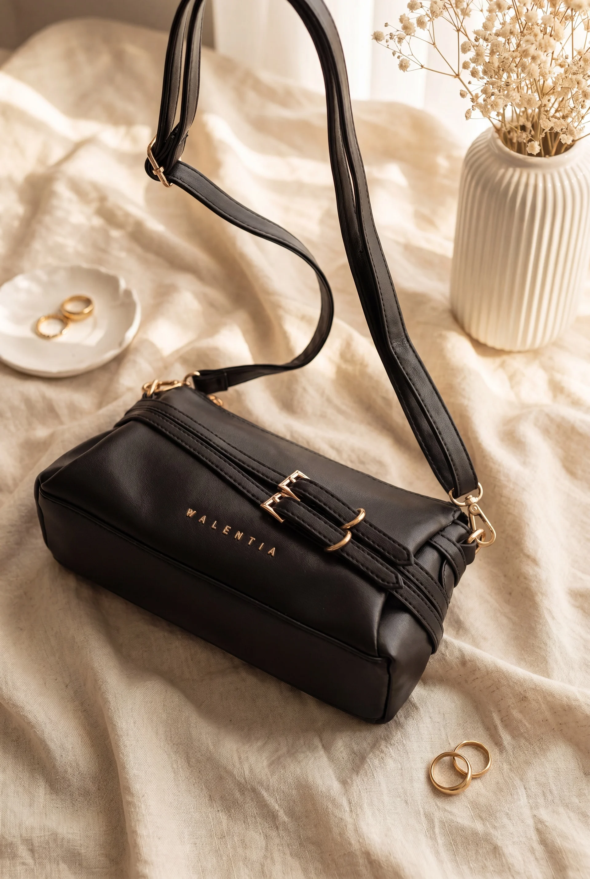 Black Women's Shoulder Bag with Belt Detail and Long Strap - Podyumplus - by Peralane