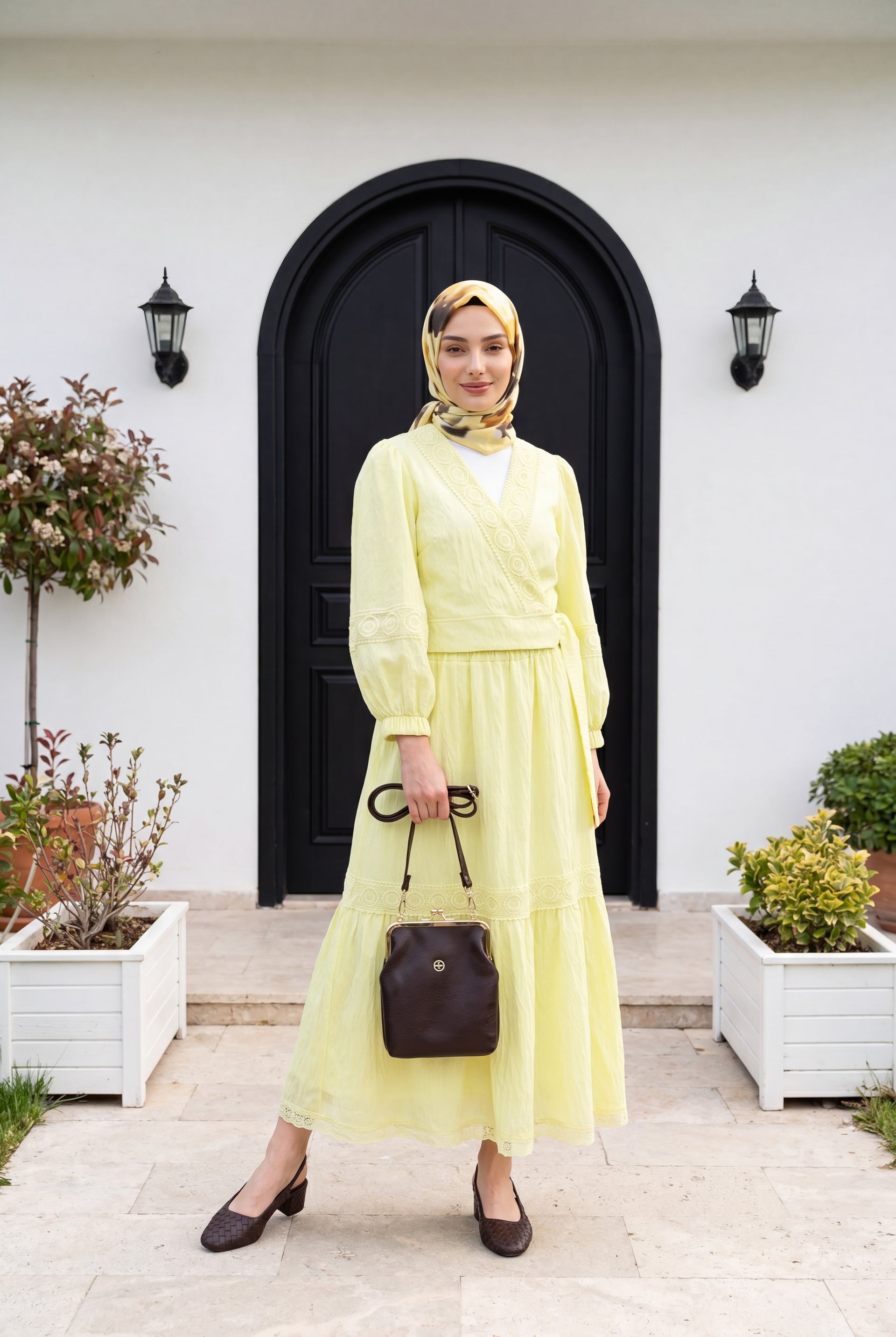 Lace Trim Wrap Blouse and Tiered Skirt Co-ord Set - Light Yellow - Podyumplus - by Peralane - photo 2