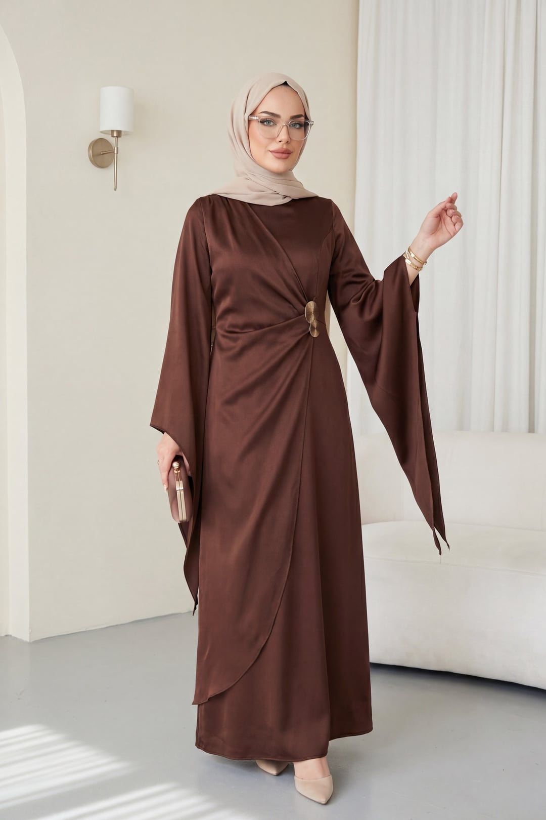 Buckle Detail Double Layer Front Asymmetric Sleeve Satin Evening Dress - Brown - Podyumplus - by Peralane - photo 5
