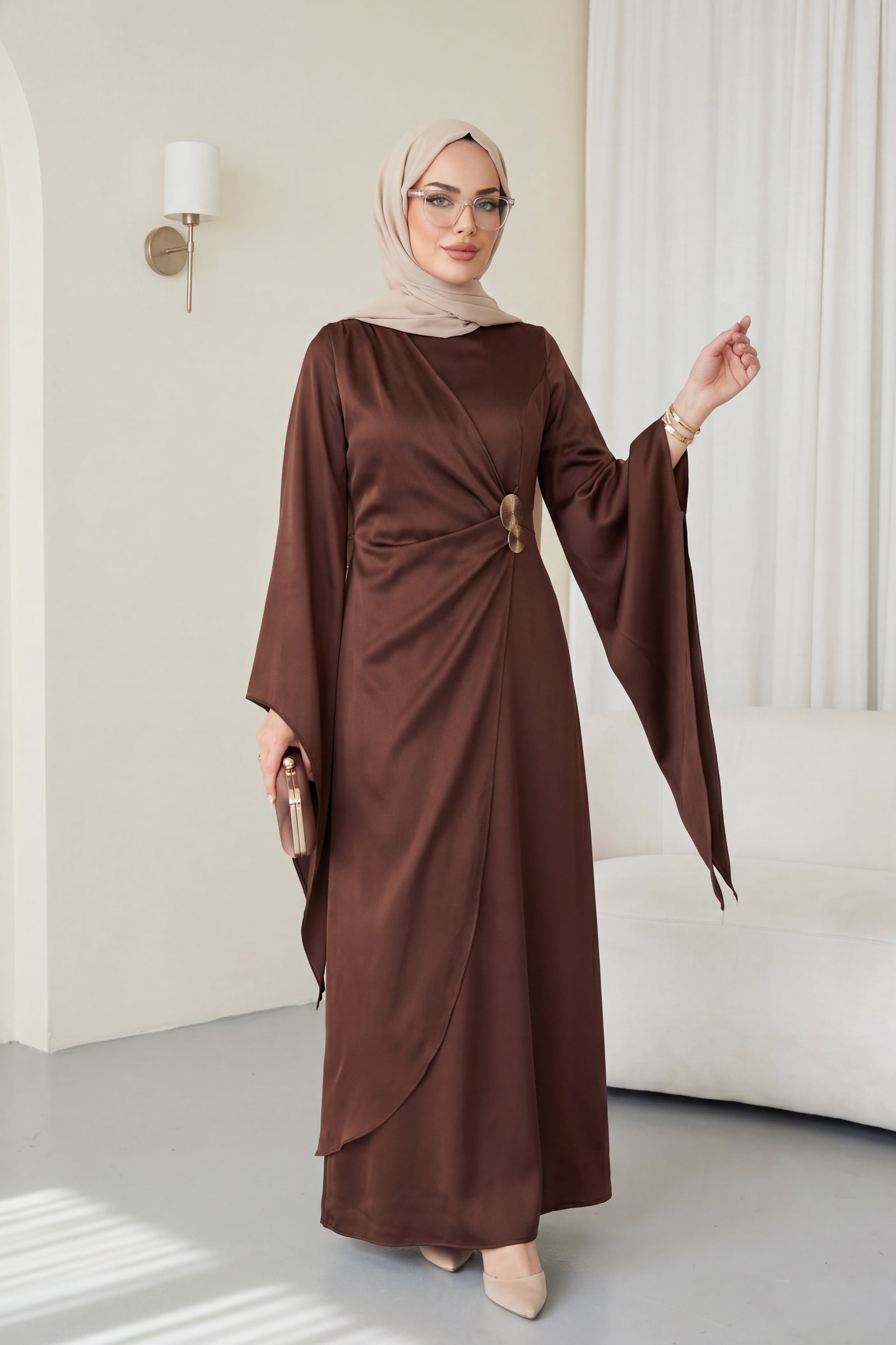 Buckle Detail Double Layer Front Asymmetric Sleeve Satin Evening Dress - Brown - Podyumplus - by Peralane - photo 5