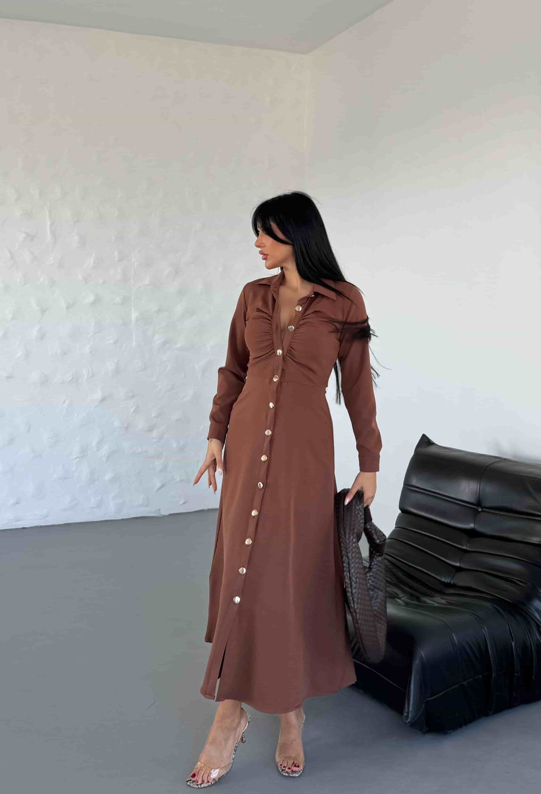 Women's Collared Midi Shirt Dress in Brown - My Bee - by Peralane - photo 3