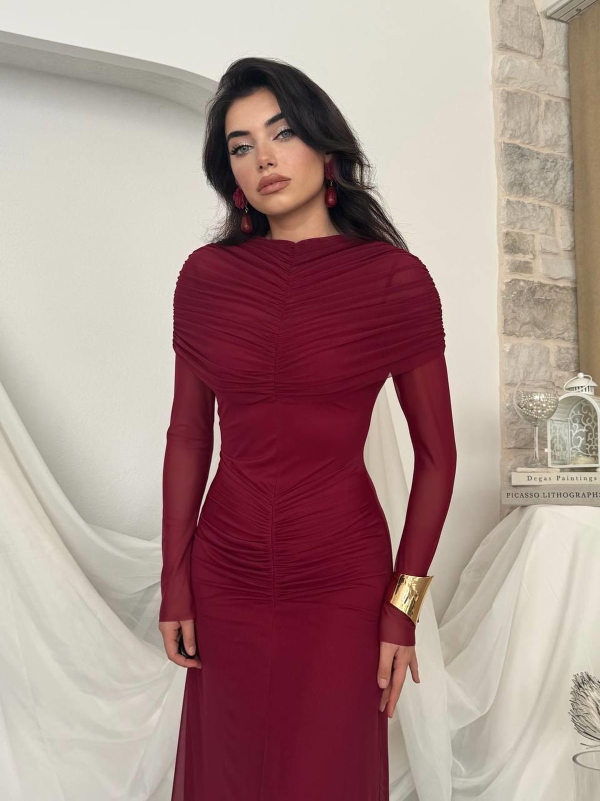 Novia Ruched Dress in Deep Red with Sheer Sleeves - Etika - by Peralane - photo 5
