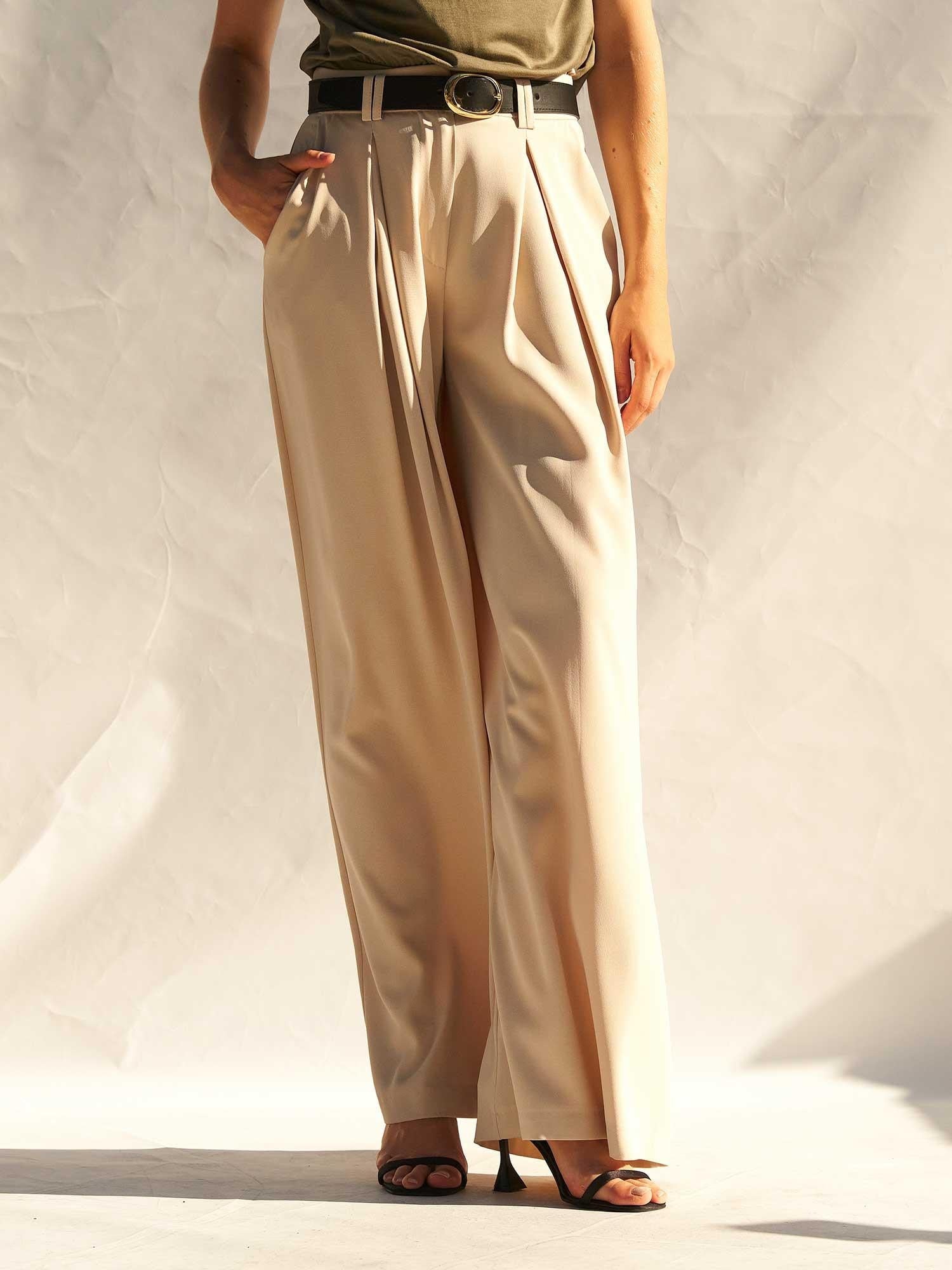 Belted High-Waist Pleated Palazzo Trousers with Matching Sleeveless Top - Stone/Beige - Lefon - by Peralane - photo 7
