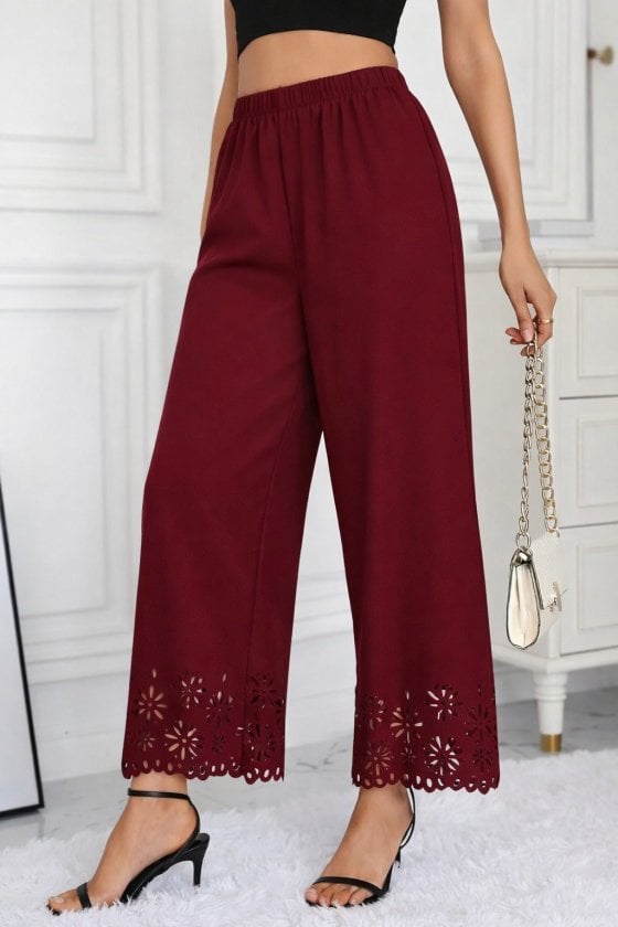 Women's High-Waisted Elasticated Waist Wide-Leg Trousers with Floral Laser-Cut Detail - Janes - by Peralane - photo 2