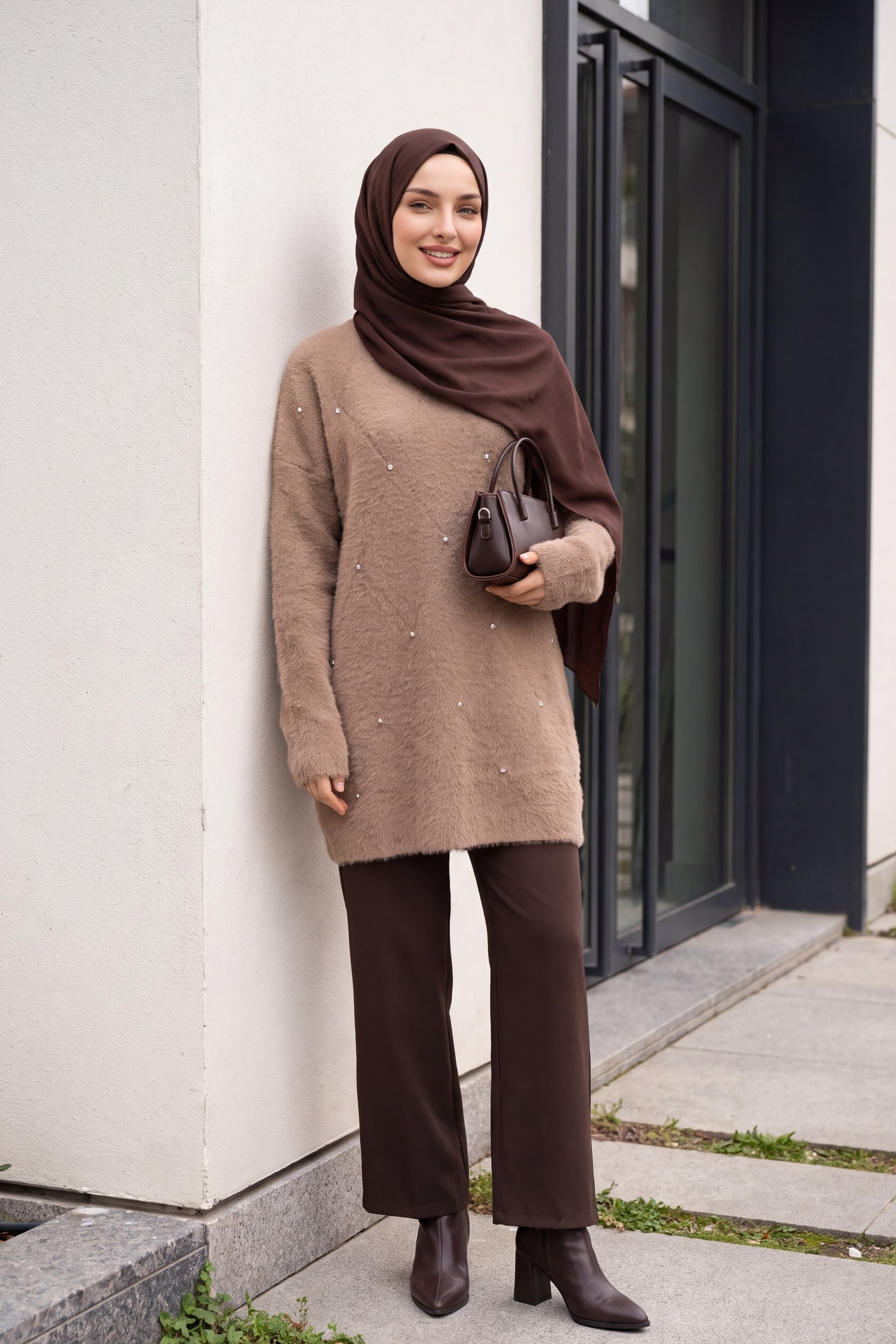 Stone Detail Oversize Knit Tunic in Earth - Podyumplus - by Peralane - photo 4
