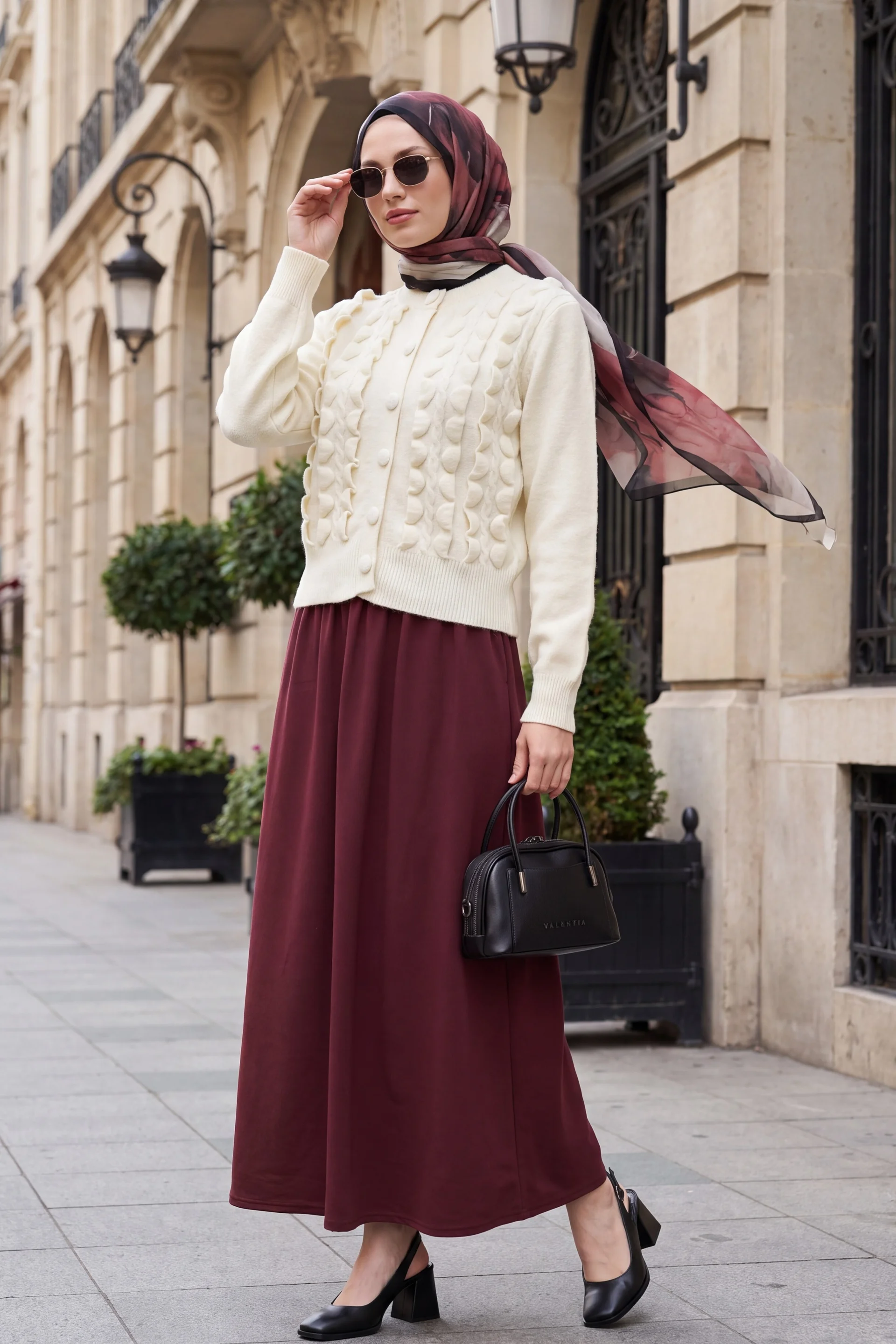 Cream Cable Knit Cardigan with Ruffled Button Placket - Podyumplus - by Peralane - photo 4
