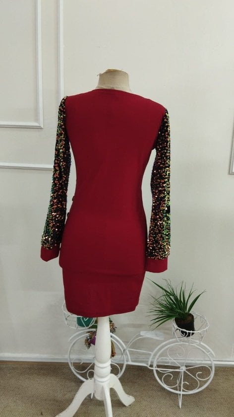Women's Long Sleeve Sequin Wrap Dress with Side Buttons - Red and Black - Janes - by Peralane - photo 5