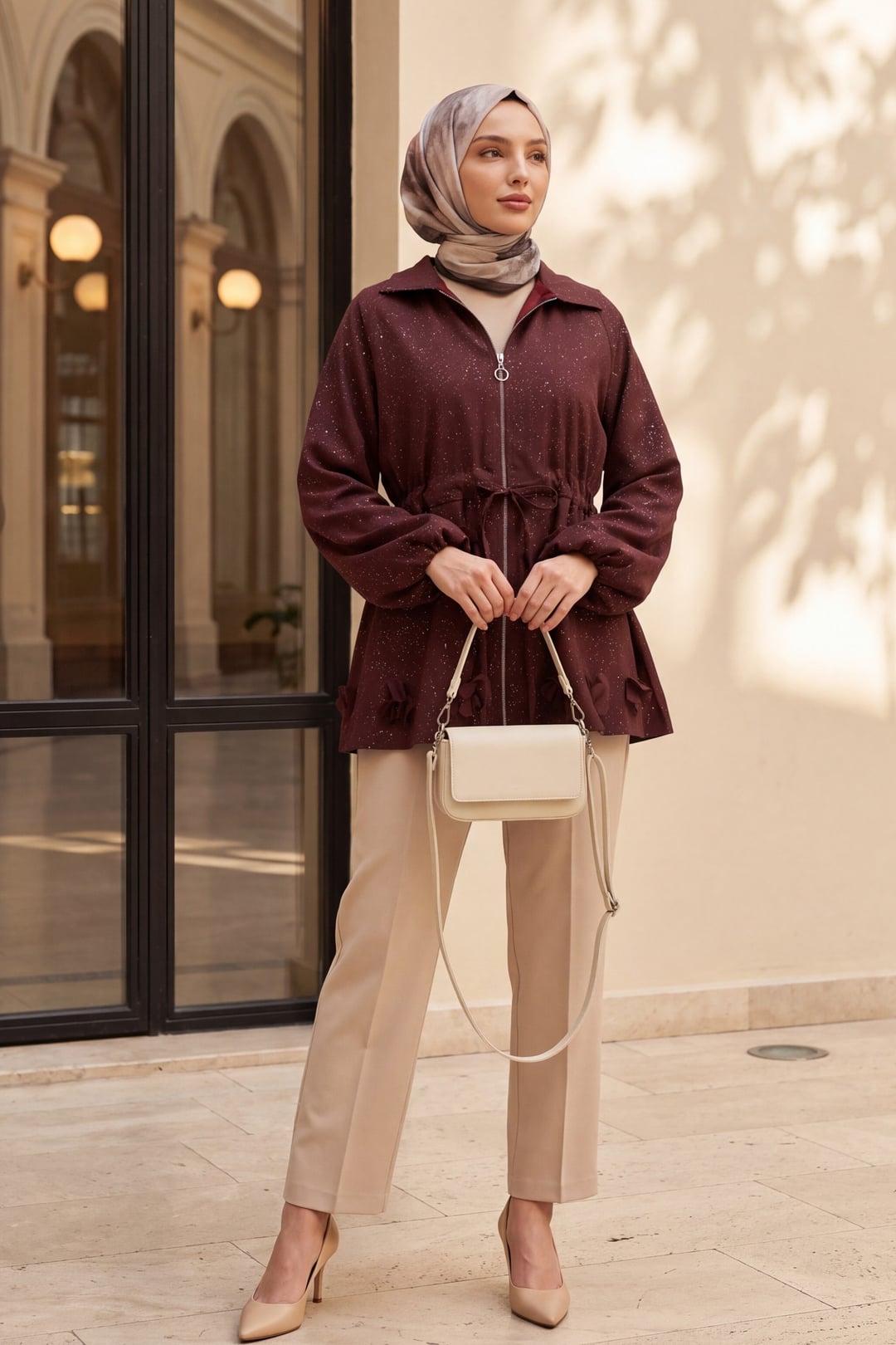 Burgundy Speckled Sequin Drawstring Waist Balloon Sleeve Zip Jacket - Podyumplus - by Peralane - photo 5