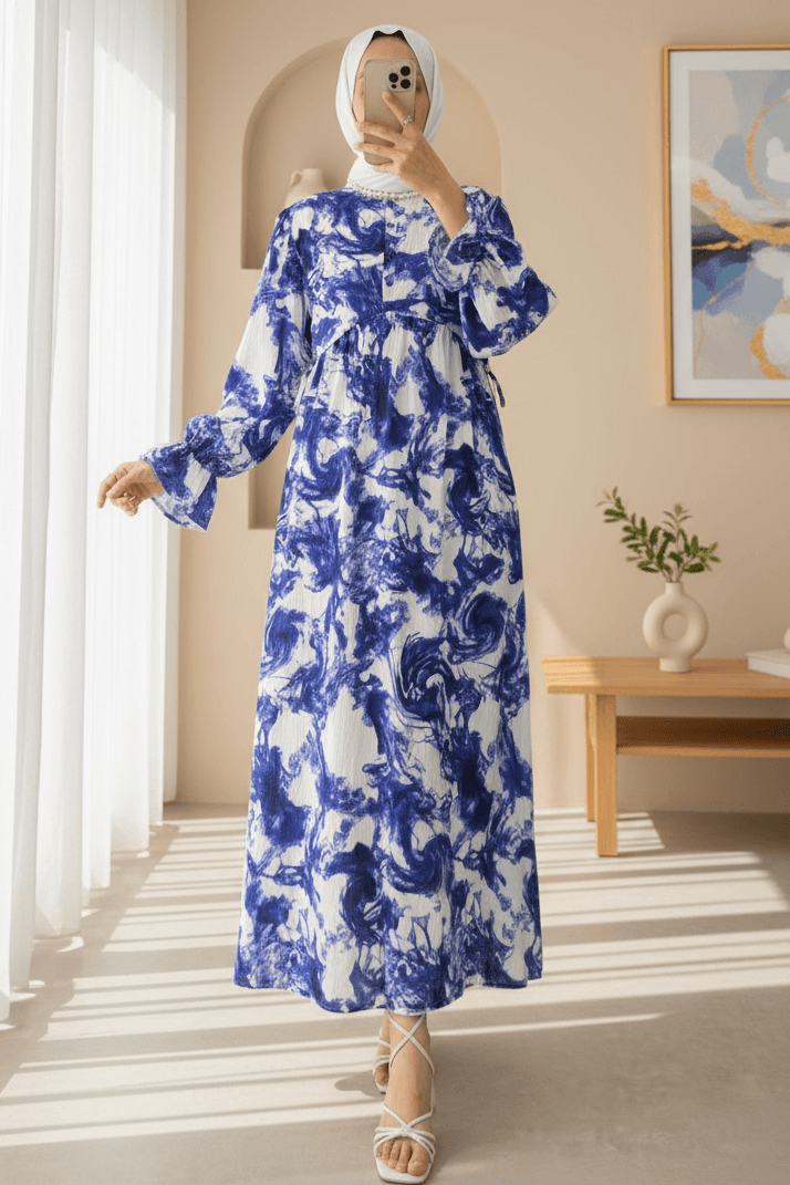 Half Button Belted Patterned Modest Dress - Saks - Podyumplus - by Peralane