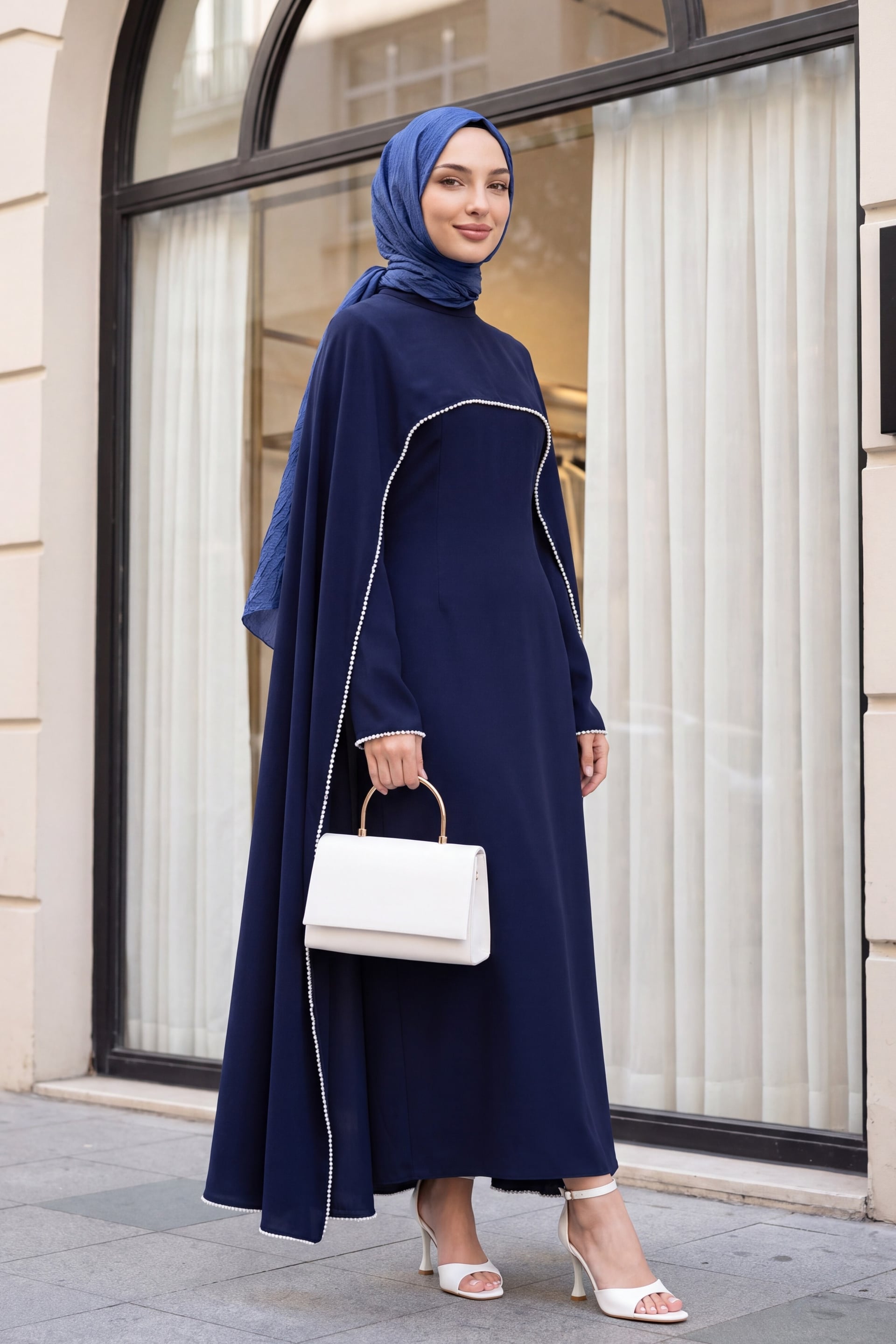 Pearl-Detailed Detachable Cape Spanish Sleeve Lined Crepe Abaya Dress - Navy Blue - Podyumplus - by Peralane - photo 3