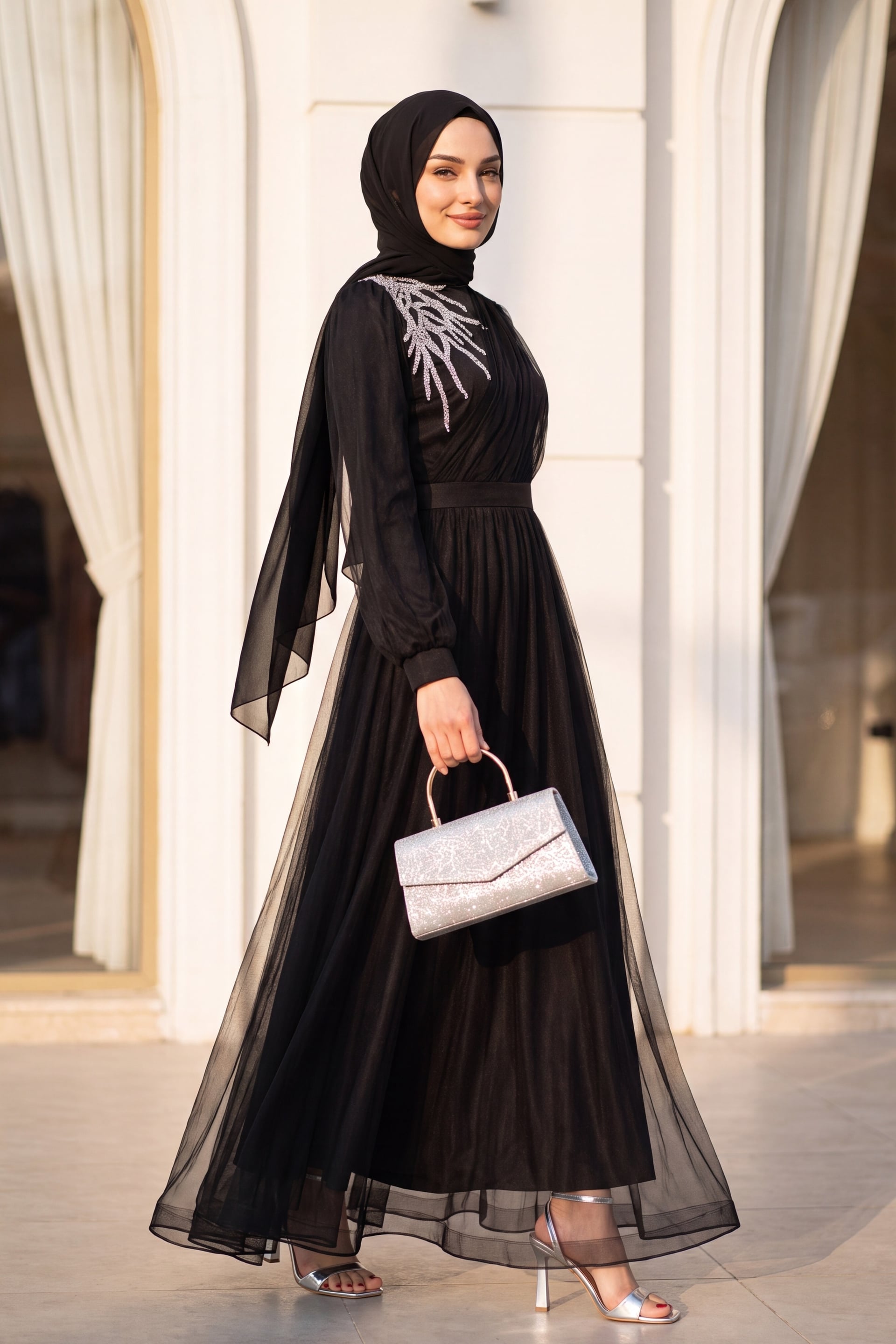 Black Sequin Embellished Tulle Evening Dress with Belt - Podyumplus - by Peralane