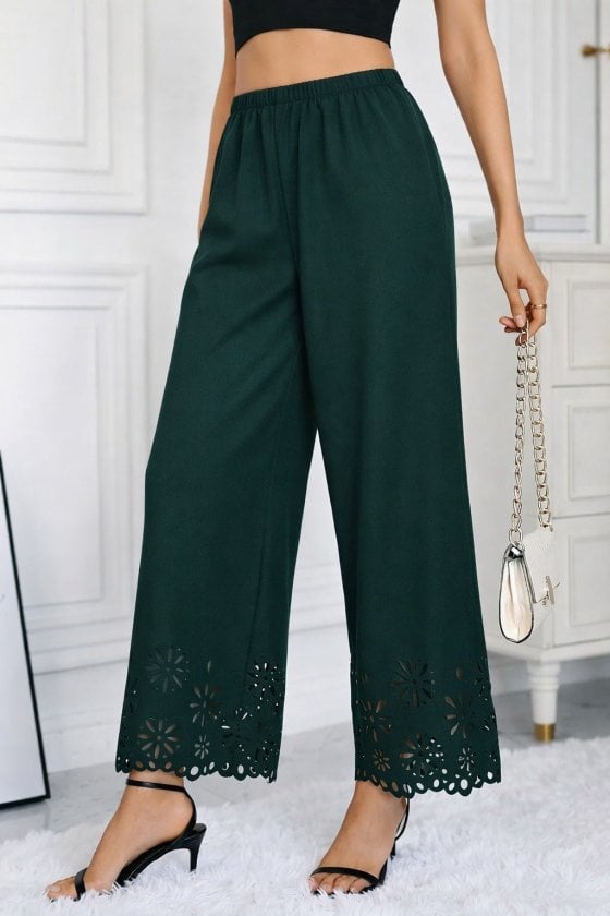 Women's High-Waist Elasticated Waistband Floral Laser-Cut Crepe Trousers - Janes - by Peralane - photo 2