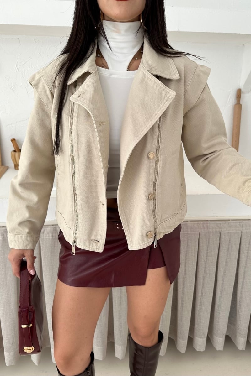 Stone Coloured Zip Front Denim Jacket 6141 - Xlove - by Peralane - photo 6