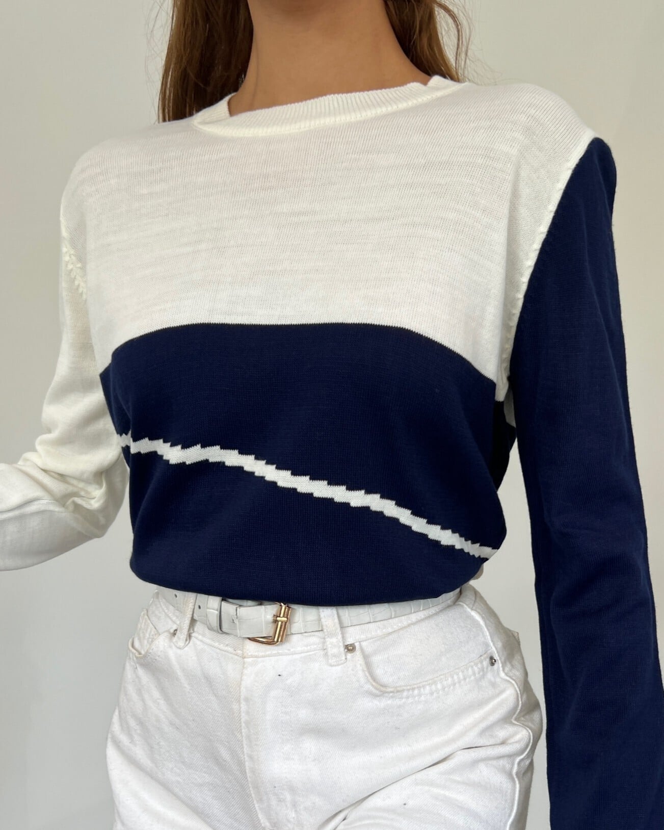 Color-Block Crew Neck Knit Sweater - Navy Blue - Podyumplus - by Peralane - photo 4