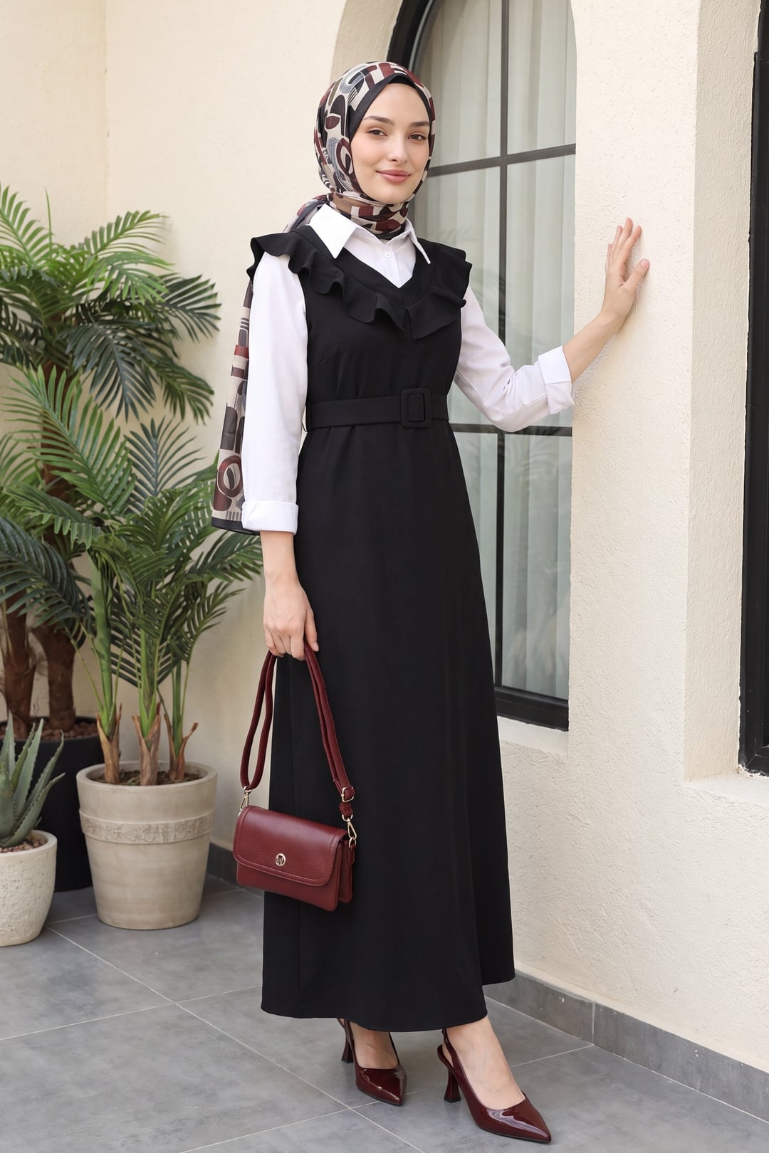Black V-Neck Ruffle Trim Belted Midi Dress - Podyumplus - by Peralane