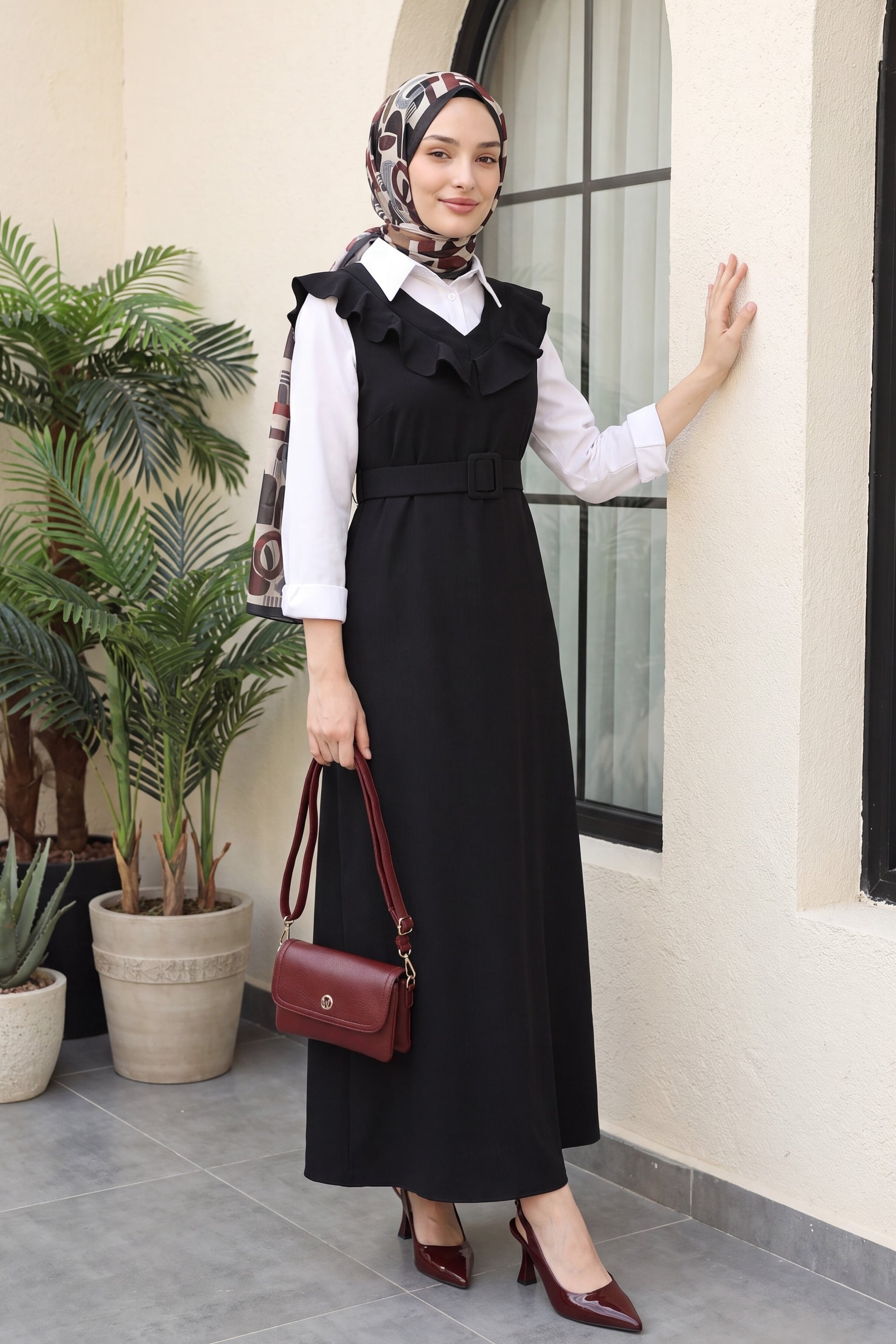 Black V-Neck Ruffle Trim Belted Midi Dress - Podyumplus - by Peralane