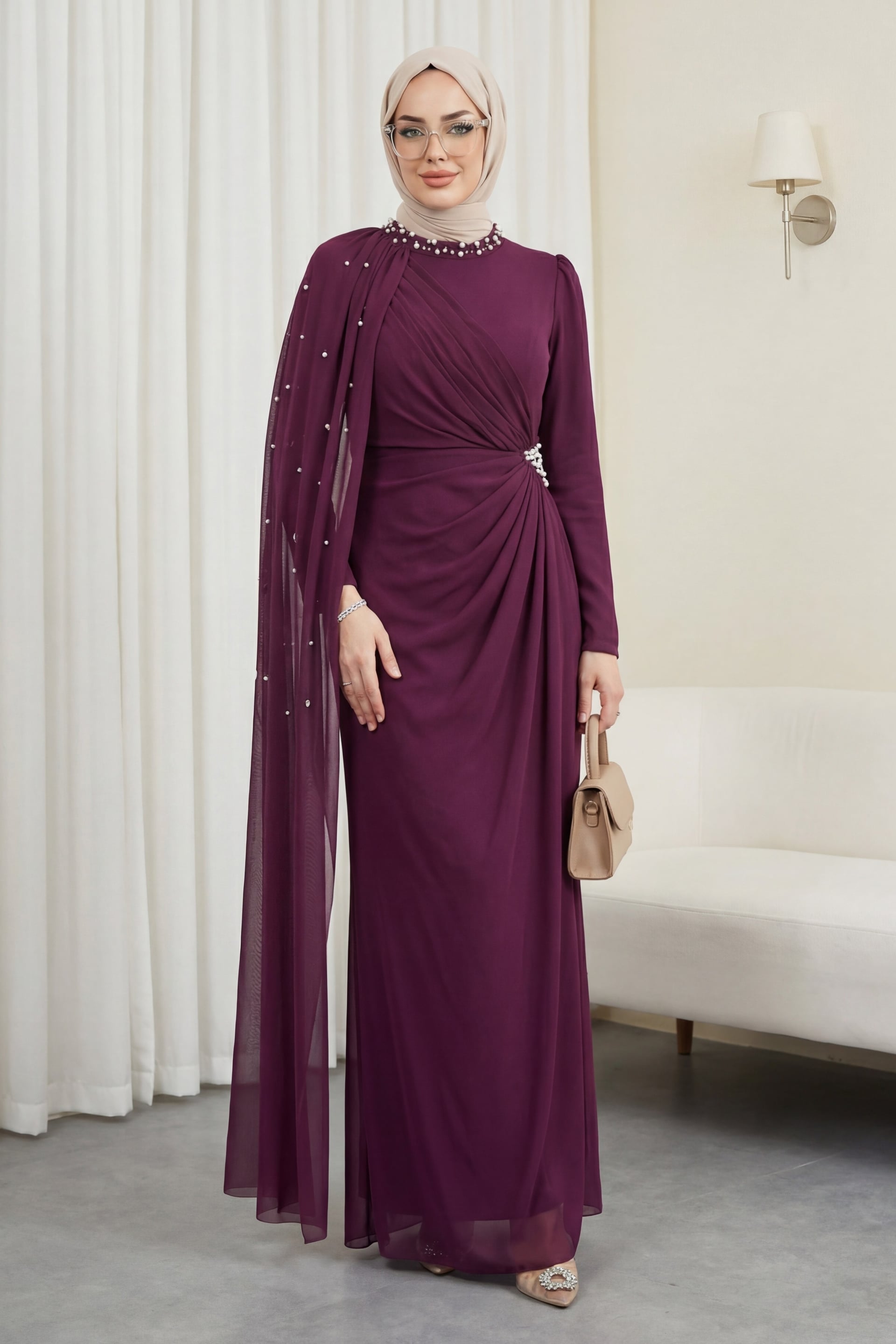 Pearl Detail Tulle Capelet High Collar Evening Dress in Plum - Podyumplus - by Peralane - photo 3