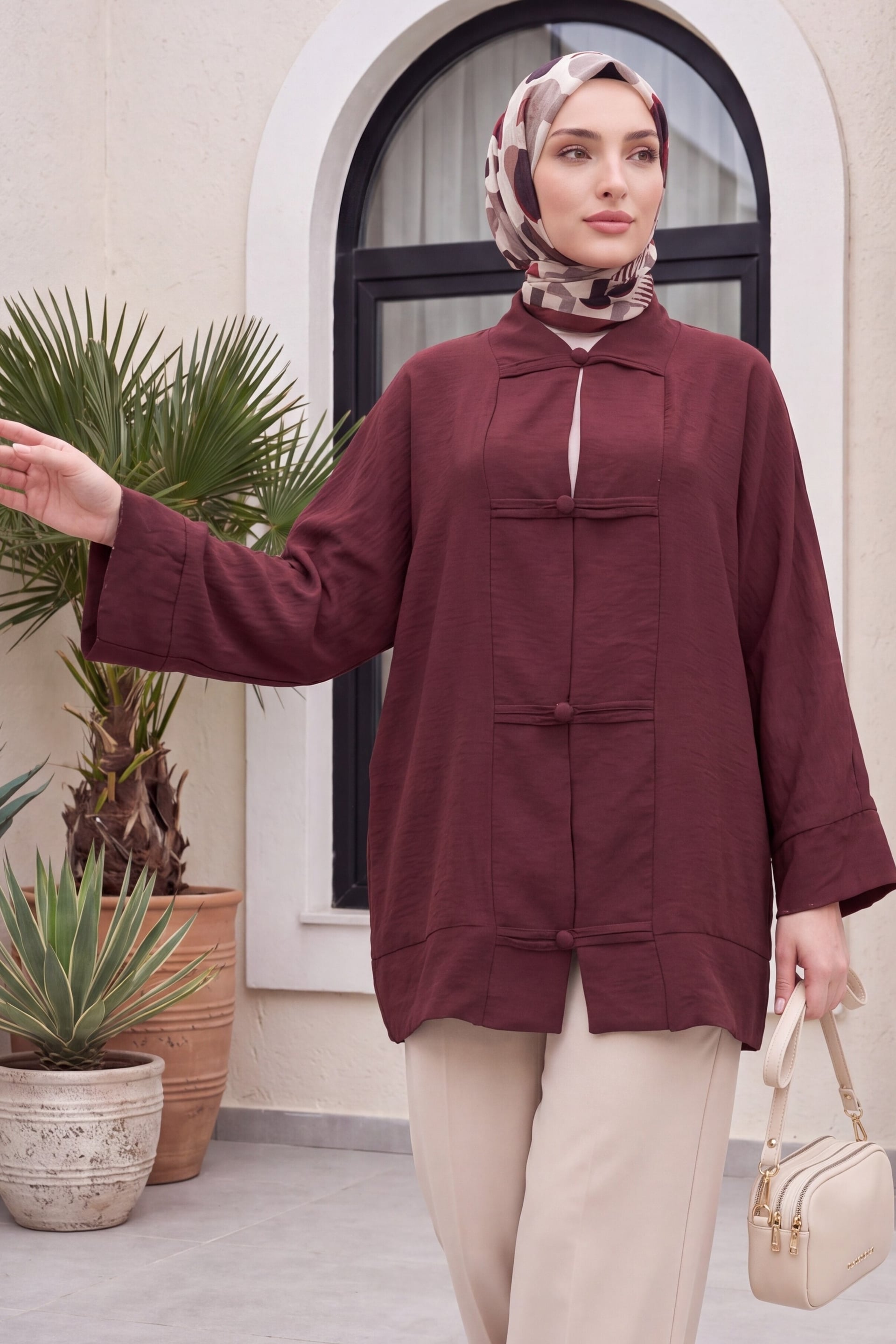 Bias-Trim Button V-Neck Organza Voile Oversize Kimono in Burgundy - Podyumplus - by Peralane - photo 3