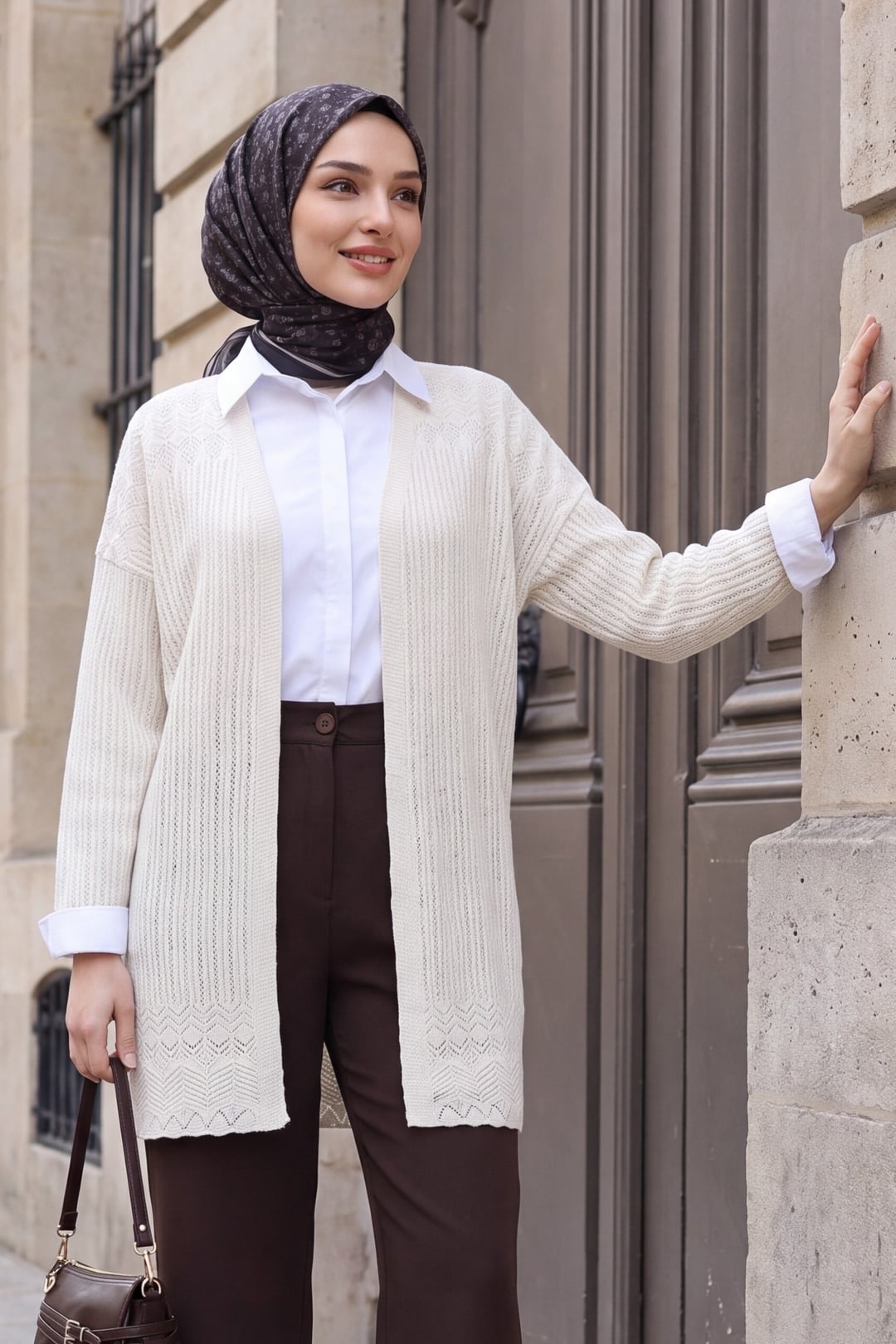Patterned Hem Openwork Cardigan - Stone - Podyumplus - by Peralane