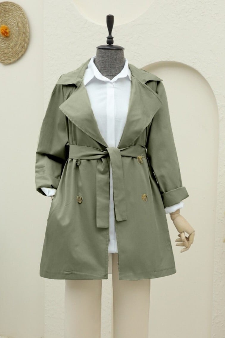 Bolero Detail Double-Breasted Mid-Length Trench Coat - Olive Green - Podyumplus - by Peralane - photo 3