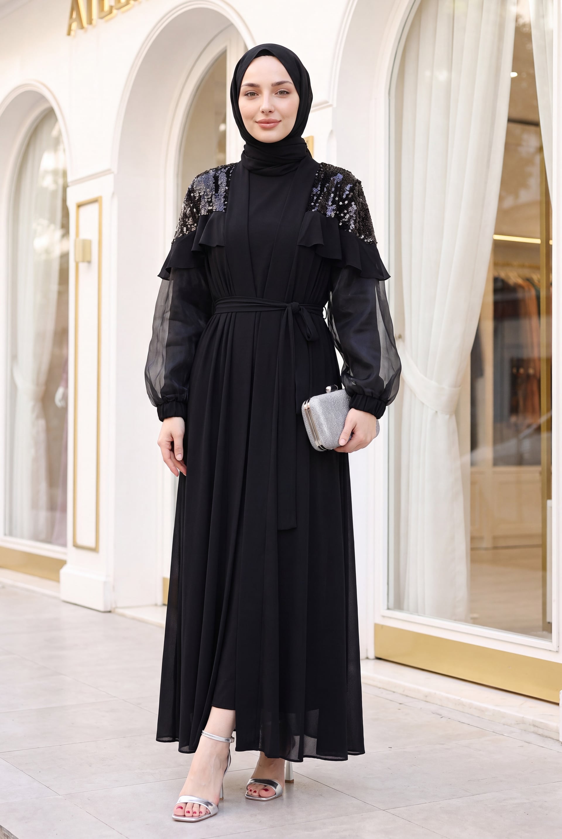 Women's Sequin-Embellished Chiffon Sleeve Abaya with Belt - Black - Podyumplus - by Peralane - photo 2