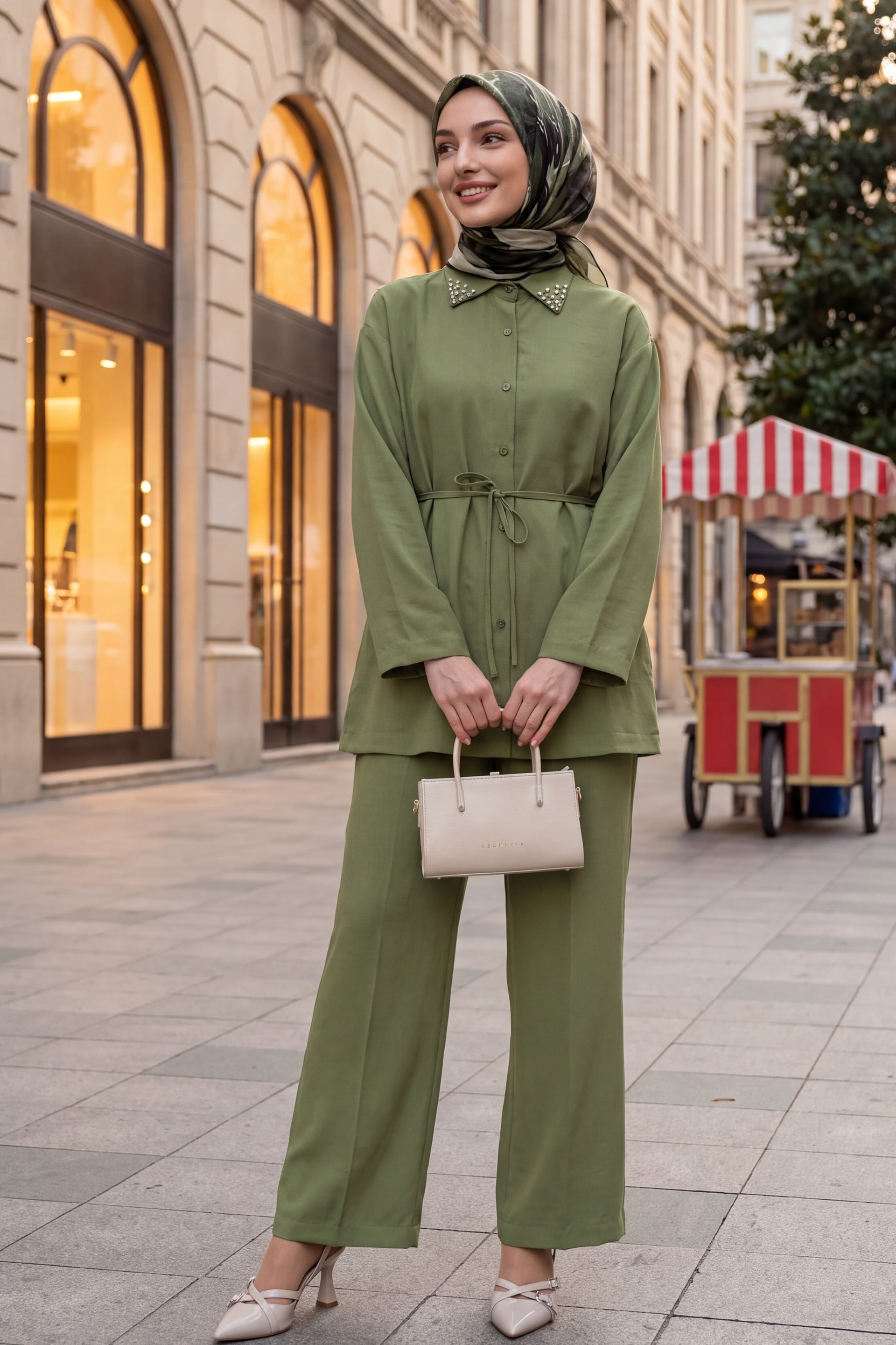 Stone-Collar Tie-Waist Tunic and Wide-Leg Trouser Set in Olive Green - Podyumplus - by Peralane - photo 2